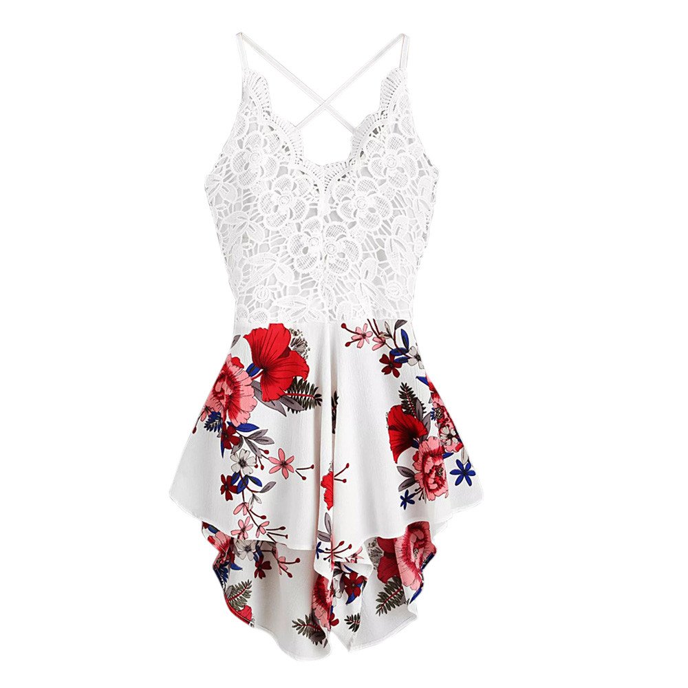 iOPQO Women's Crochet Summer Jumpsuit with Floral Panel & Bow Tie - Breathable Lace Shorts for Beach, Vacation & Casual Outings