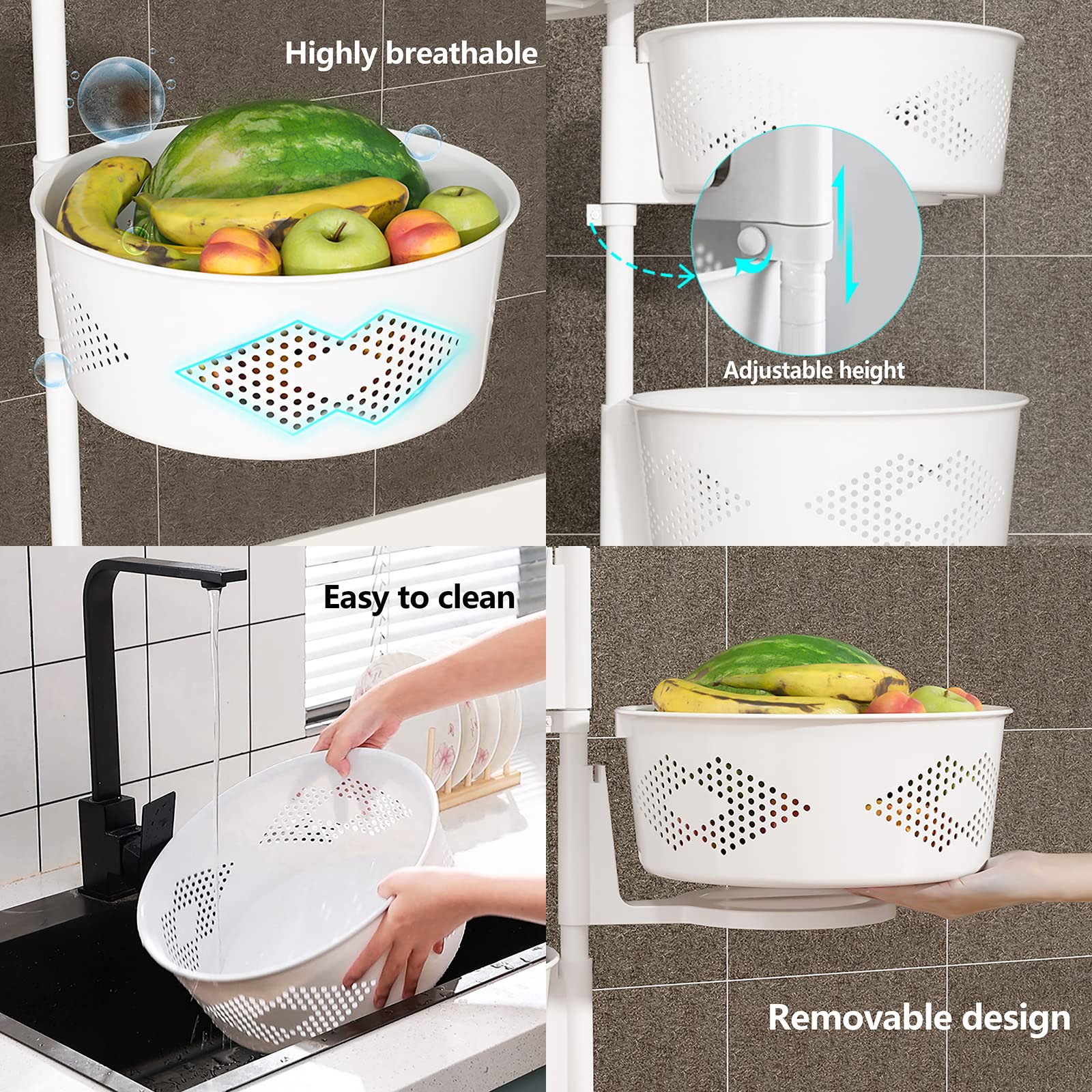 Kaibrite 5-Layer Rotating Kitchen Storage Rack with Wheels, Multi-Layer Revolving Basket Shelf for Kitchen, Bathroom, Laundry Room, Garage, White - Perfect for Organizing Spices, Cleaning Supplies, and Pantry Items