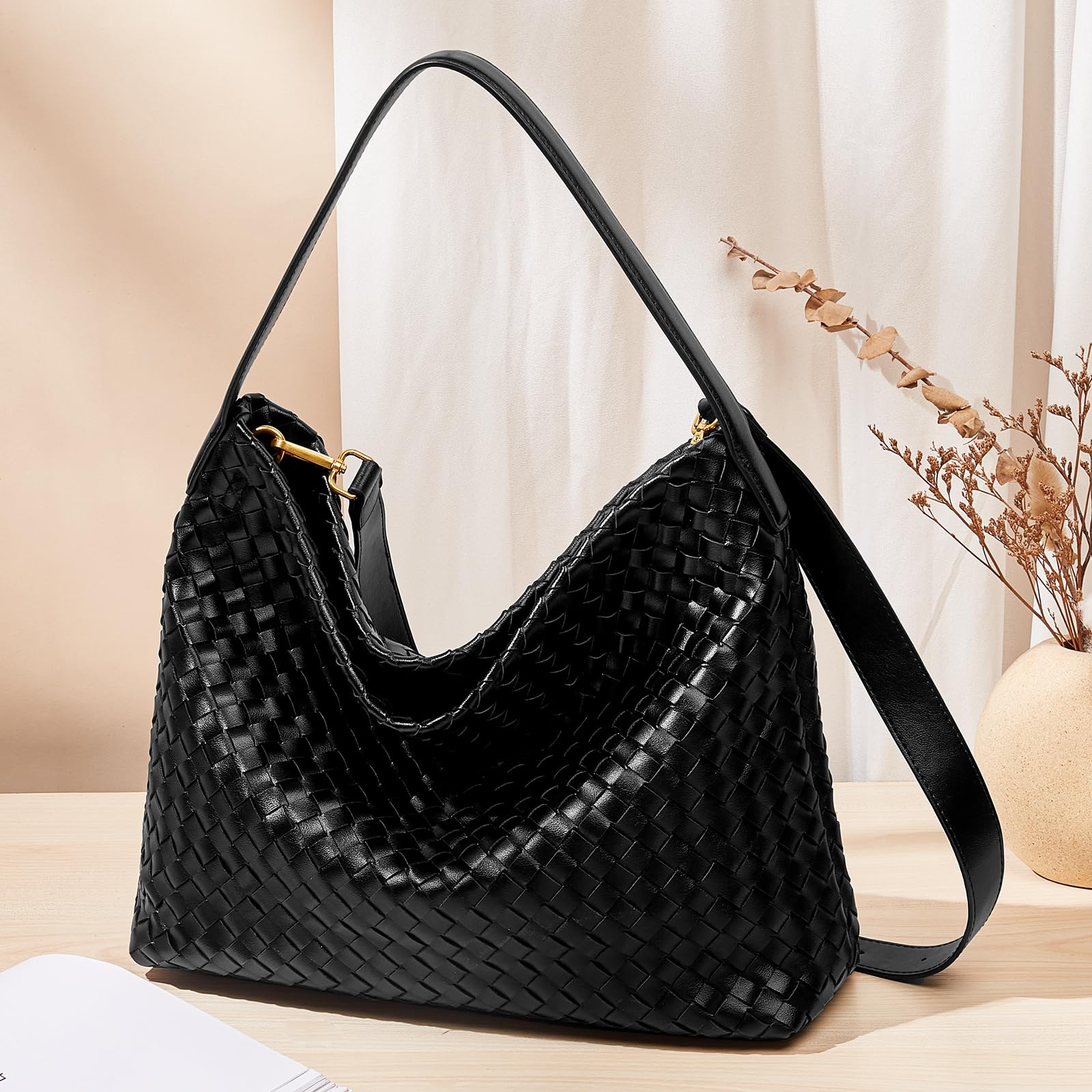 FOXLOVER Vegan Faux Leather Woven Bucket Bag for Women - Stylish Crossbody Shoulder Purse - Perfect for Work, Travel & Everyday Use