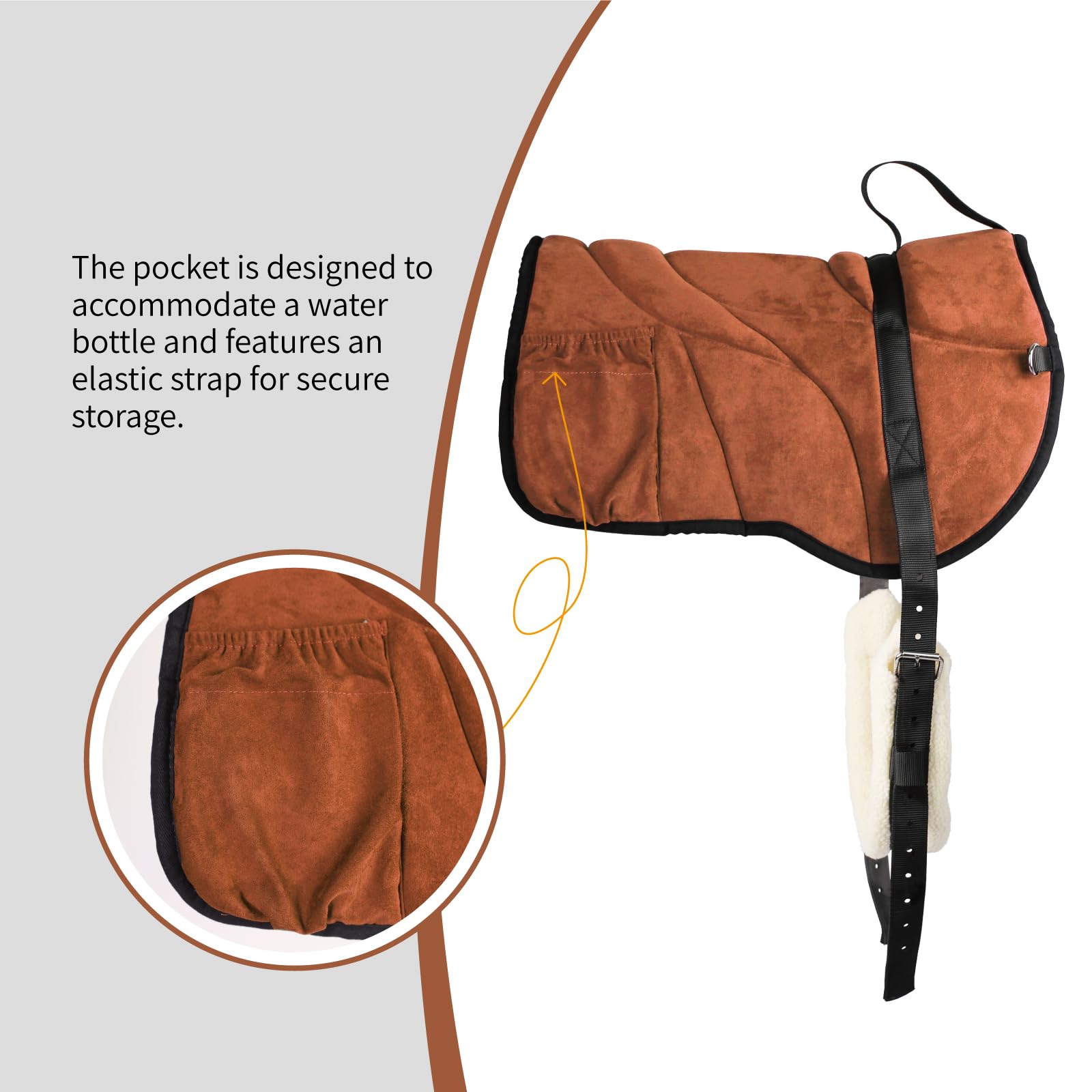 Harrison Howard Anti-Slip Bareback Pad - Extra Thick Center for Maximum Support, Ergonomic Design with Side Pockets & Matching Girth - Perfect for Trail Riding, Horse Training and Comfortable Bareback Riding