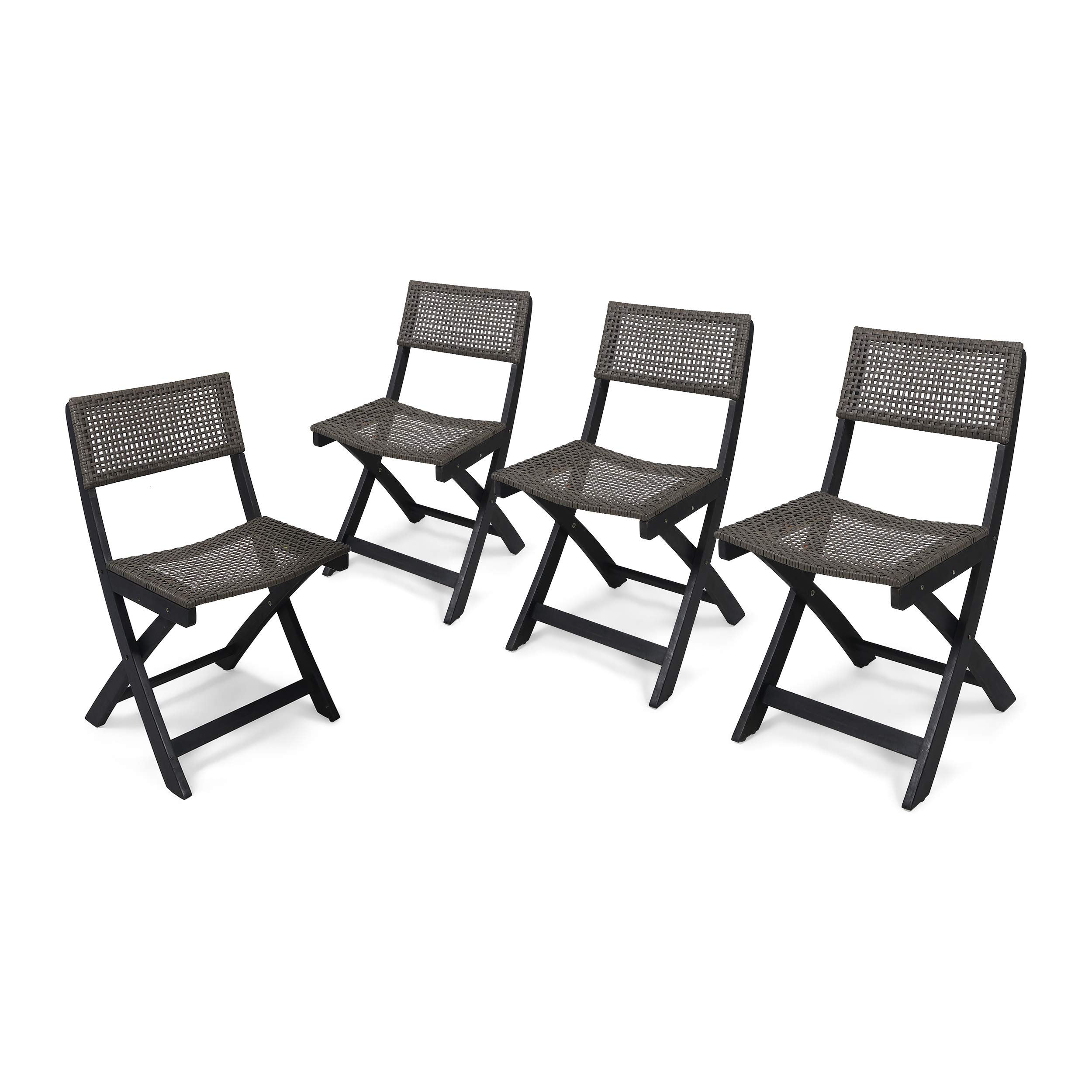 Premium Outdoor Acacia Wood Foldable Bistro Chairs with Wicker Seating (Set of 4) - Dark Gray Finish & Brown Wicker - Perfect for Patio, Garden, Cafe, and Restaurant Dining