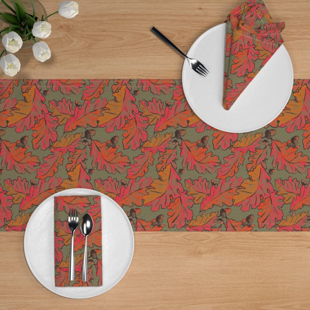 Custom Autumn Leaves Red Orange Print Cotton Sateen Table Runner 108