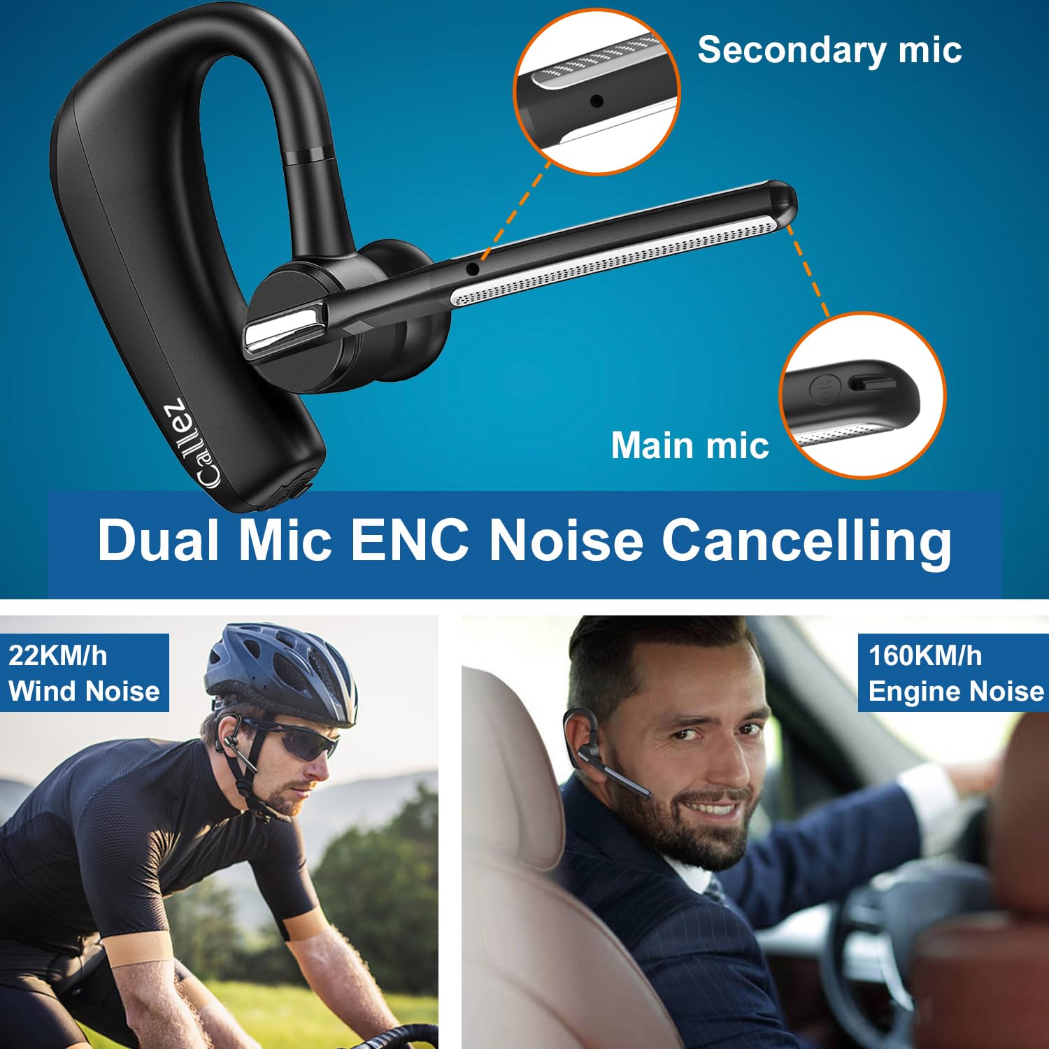 Wireless Bluetooth Headset for iPhone & Android Phones - V5.0 Earpiece with CVC8.0 Noise Cancellation, Dual Mic, Mute/Volume Controls - Hands-Free Headset for Truckers, Office, Business Calls & Online Meetings