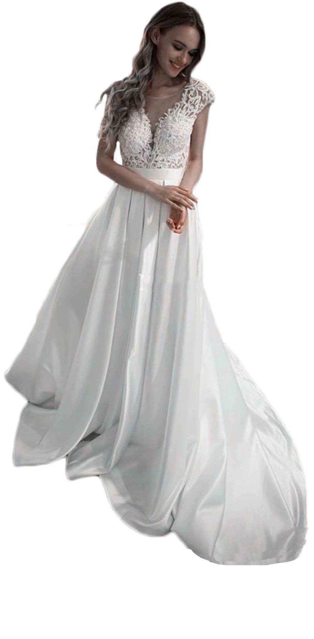 Elegant Lace Satin Backless Wedding Dress with Pockets for Bride - Garden Wedding Bridal Gown | Perfect for Outdoor Ceremonies, Beach Weddings & Romantic Vows