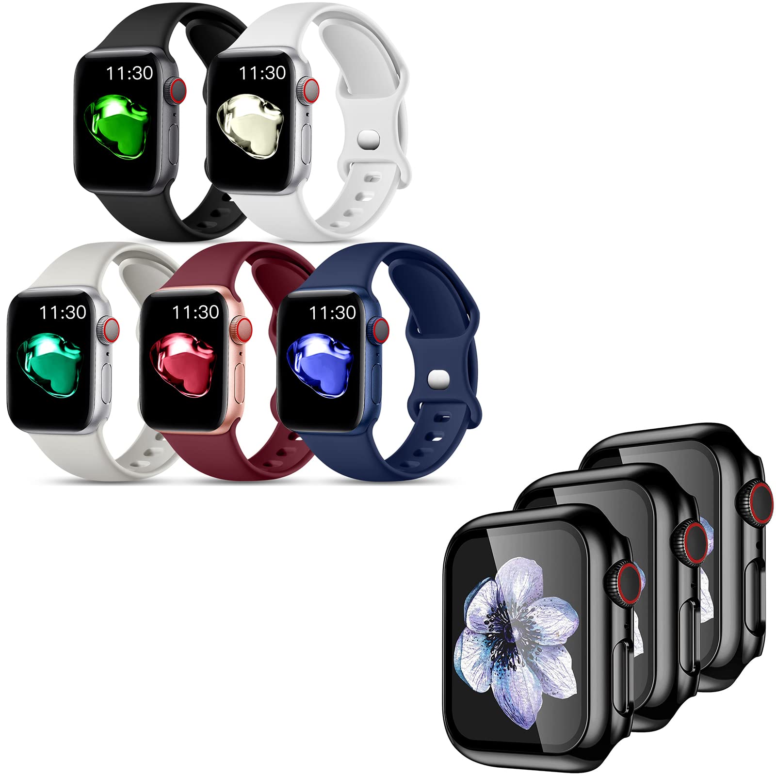 3 Pack Easuny Hard & 5 Pack Silicone Soft Bands with Case Cover for Apple Watch Series 6/SE/5/4 44mm - Durable Protective Accessories for Women & Men - Perfect for Workouts, Running & Everyday Use