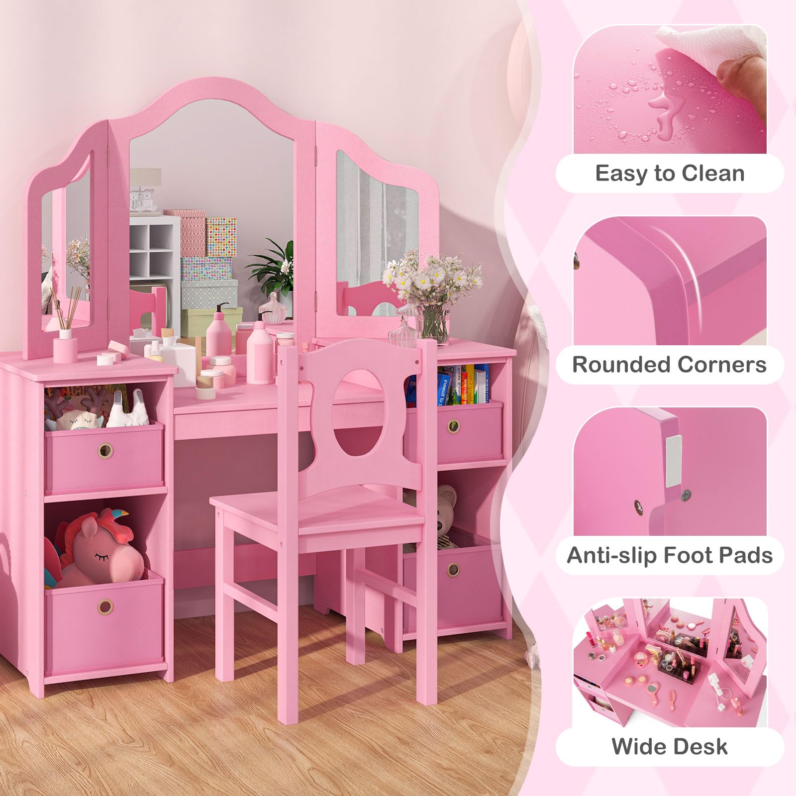 INFANS Kids Vanity Set - 2-in-1 Princess Makeup Desk & Chair with 4 Drawers, Tri-Folding Mirror & Large Storage | Wooden Dressing Table for Toddler Girls | Perfect for Pretend Play, Birthday Gifts & Bedroom Decor