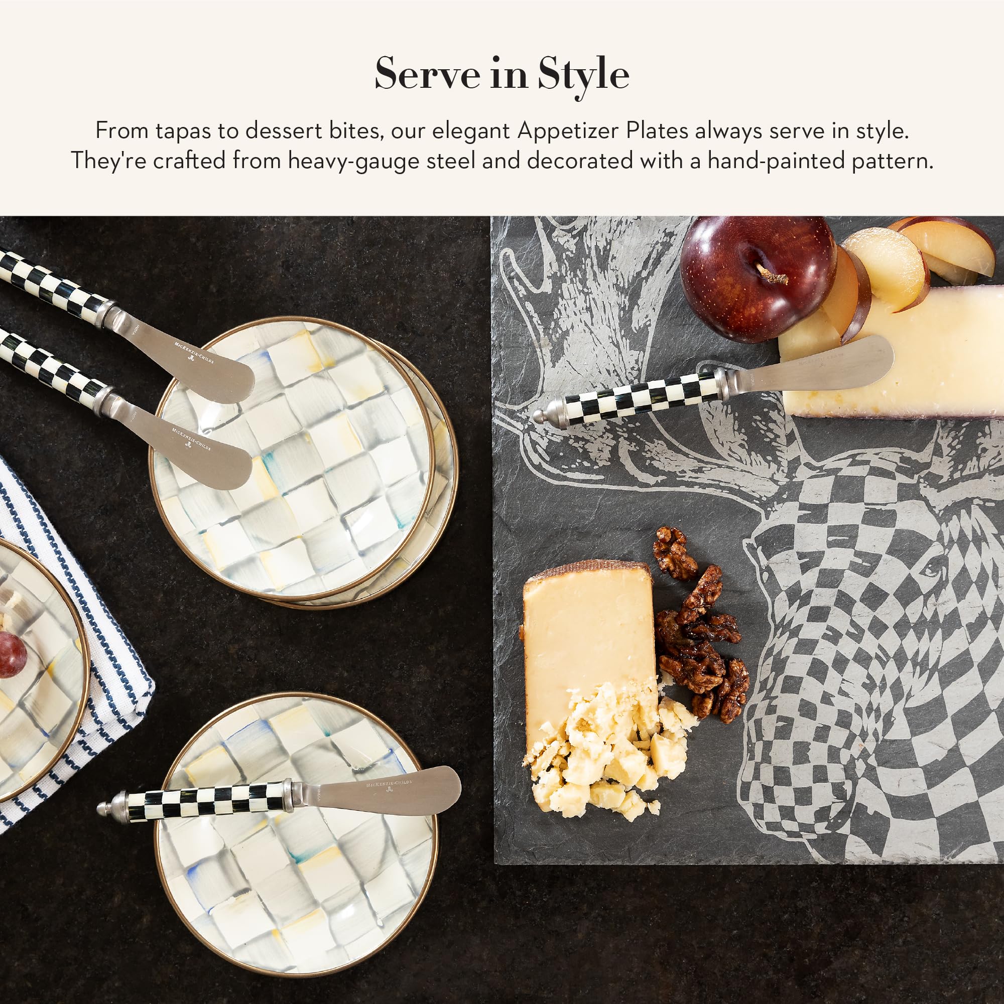 MACKENZIE-CHILDS 4-Piece Enamel Appetizer Plates Set - 5 Inch Mini Dessert Plates in Elegant Gray & White Sterling Check Pattern - Perfect for Parties, Afternoon Tea, and Small Bite Serving