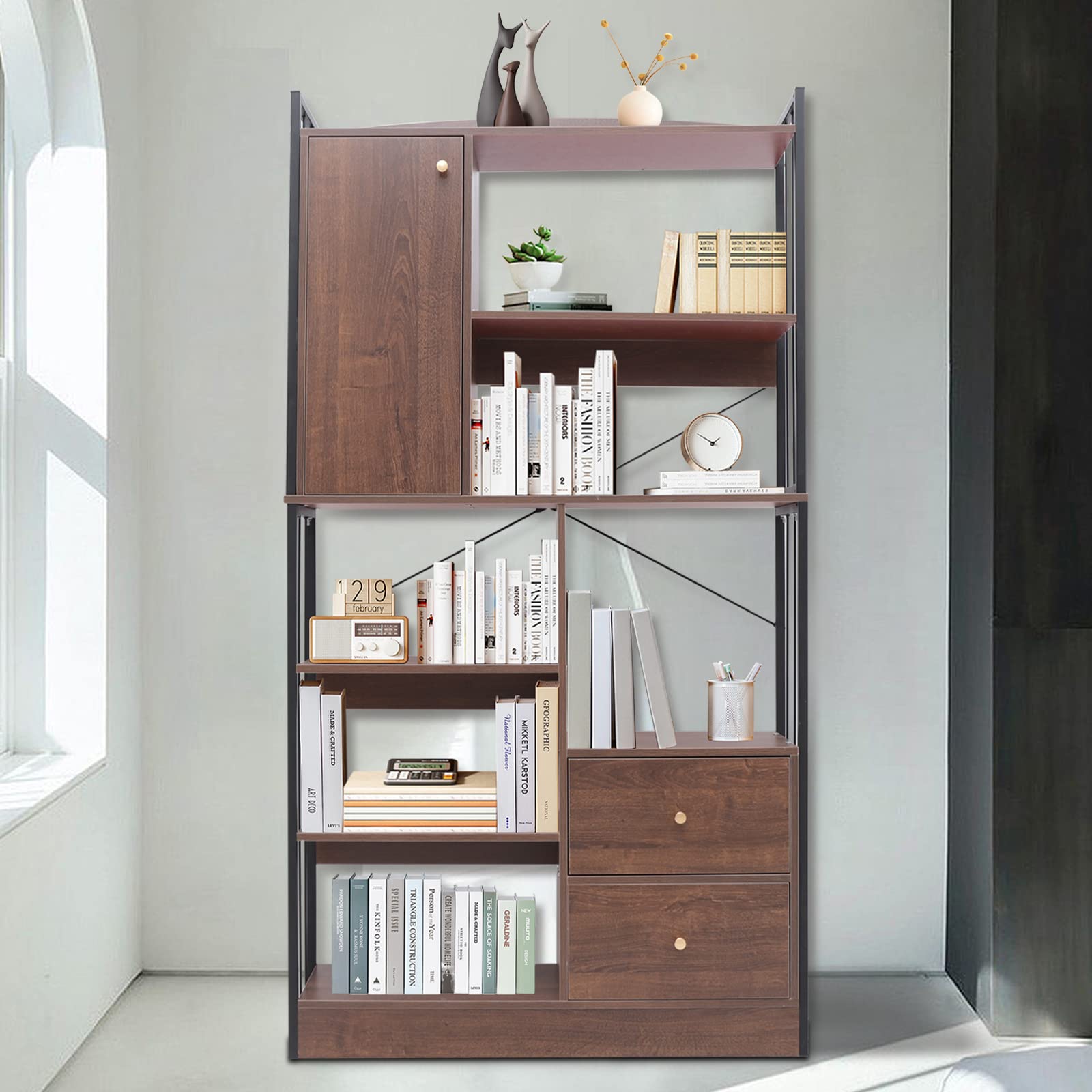 9-Tier Metal Bookcase with Drawers - Freestanding Decorative Book Storage Shelf for Living Room, Home Office | Space-Saving Organizer for Books, Magazines & Display Items
