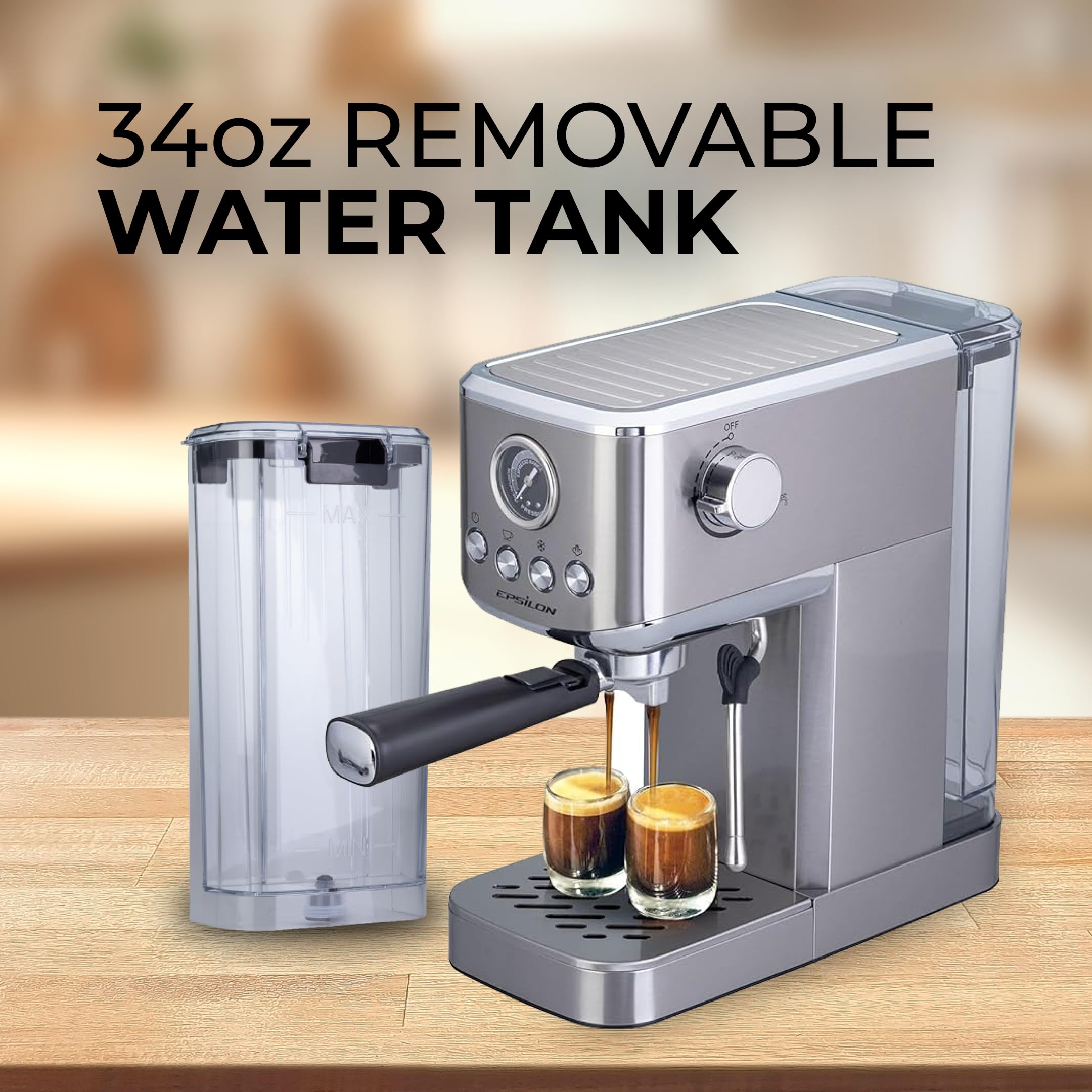 Epsilon 20-Bar Compact Espresso Machine with Milk Frother & Steam Wand - 1.2L Removable Water Tank, Hot/Iced Coffee & Cold Brew Maker - Stainless Steel - Perfect for Home, Office & Small Cafes