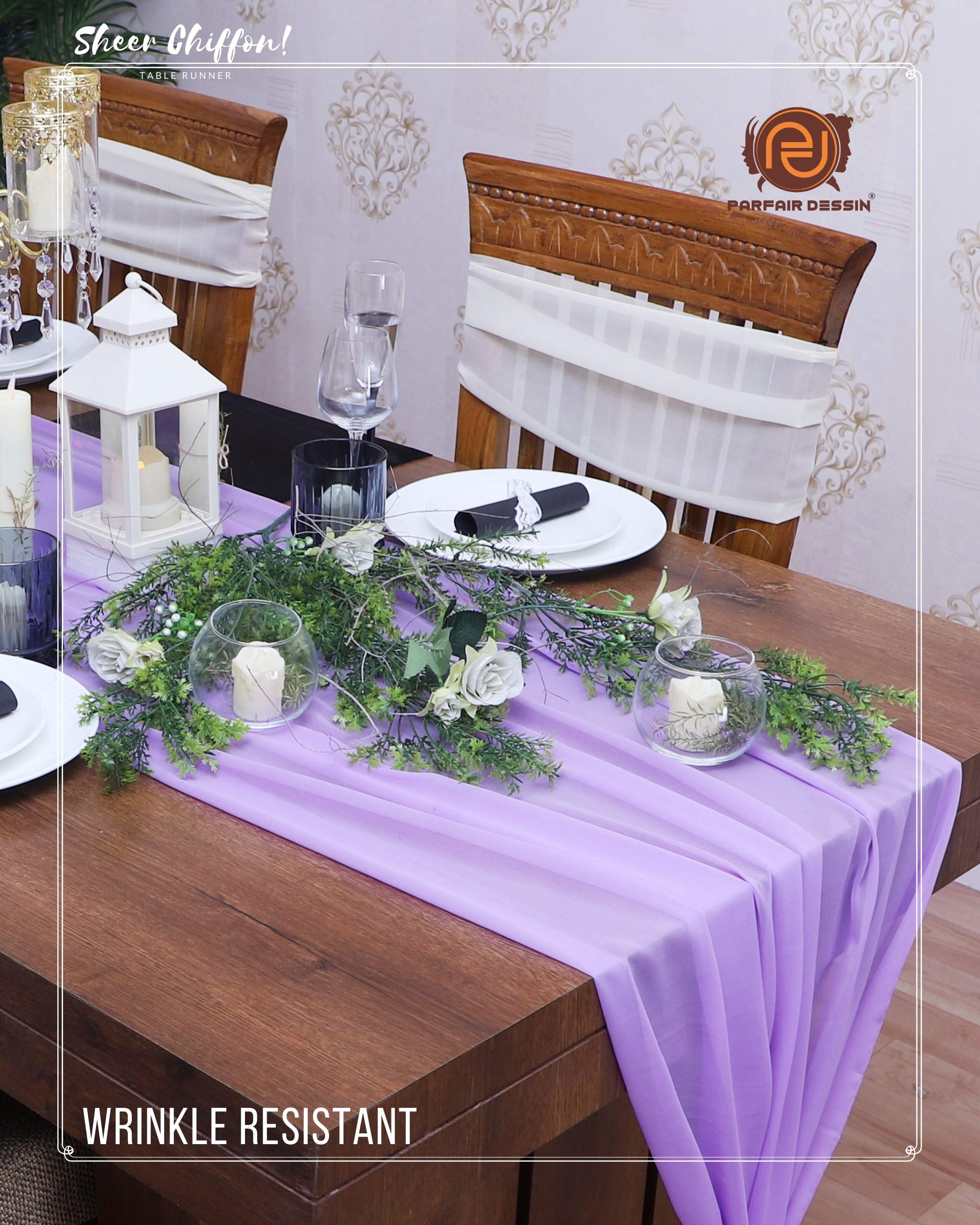Parfair 10ft Lavender Chiffon Wedding Table Runner - Boho Bridal Shower Decorations, Elegant Party Table Decor for Weddings, Baby Showers & Romantic Dinners
