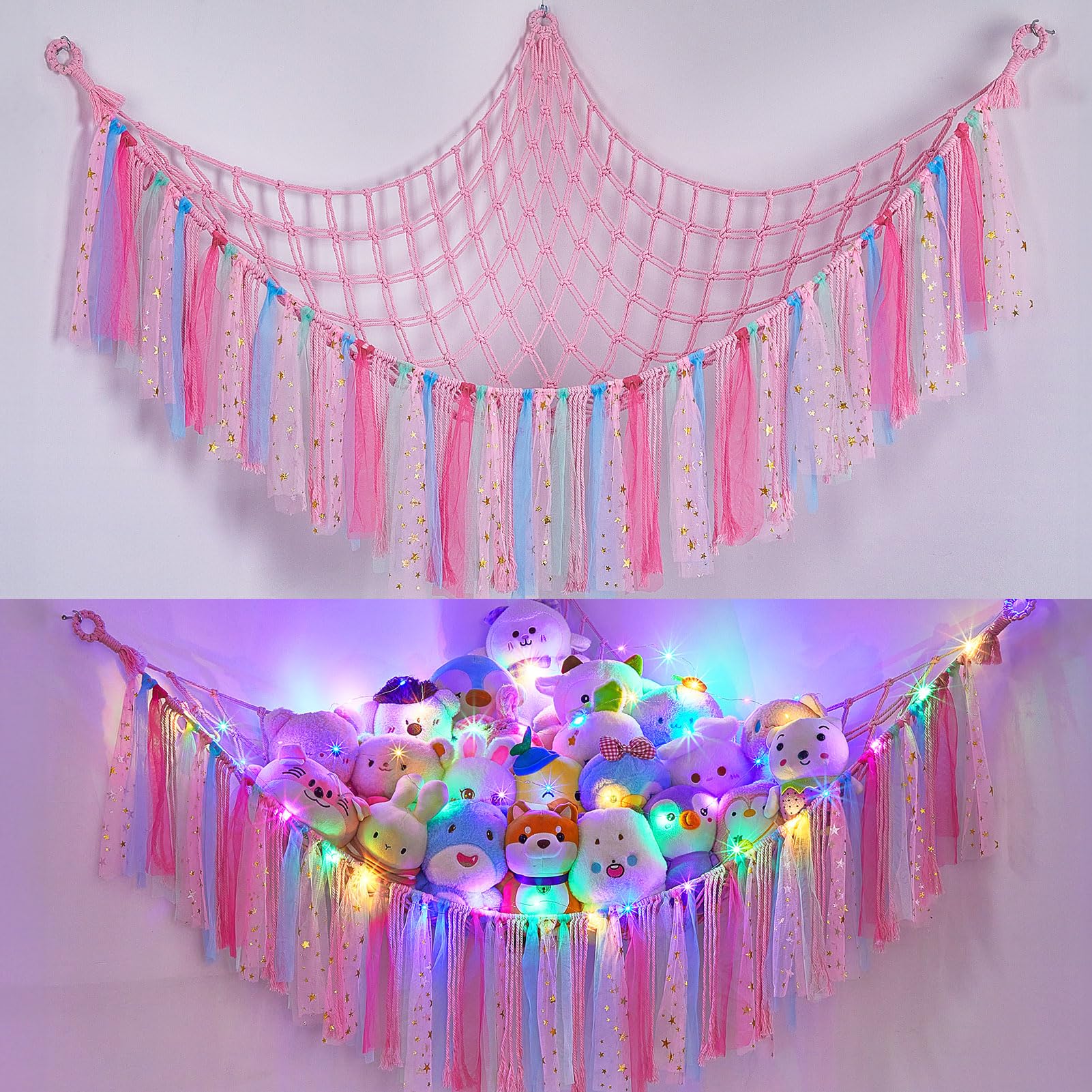 FIOBEE Stuffed Animal Storage Hammock with LED Lights - Hanging Toy Organizer for Kids Bedroom & Nursery Decor - Perfect for Storing Plush Toys, Stuffed Animals & Soft Toys in Style