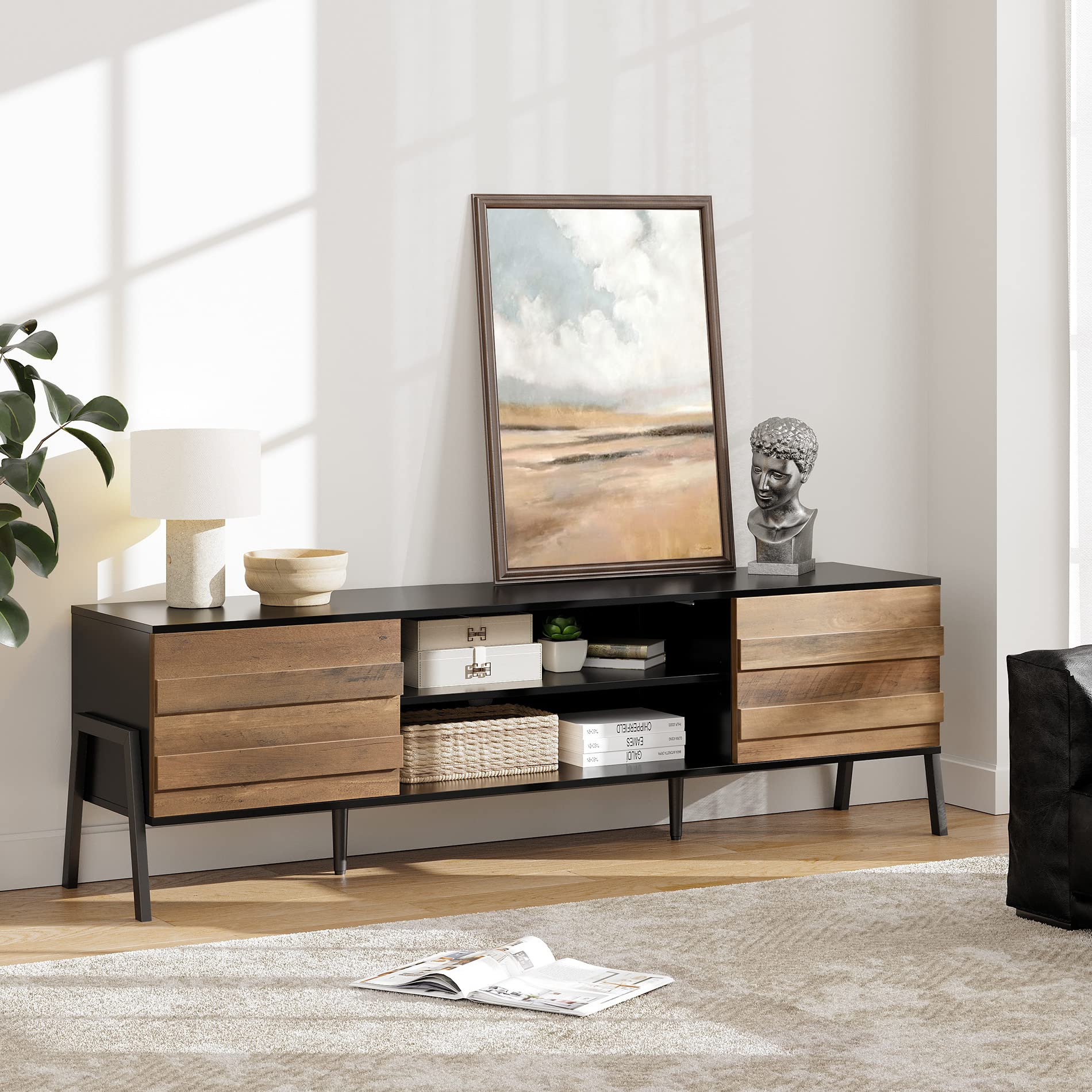 WAMPAT Mid-Century Modern TV Stand for 75+ Inch TVs - Retro Wood Entertainment Center with Storage Cabinet & Metal Legs - 70 Inch TV Console Table for Living Room & Bedroom (Black/Brown) - Perfect for Home Theater Setup & Stylish Living Spaces