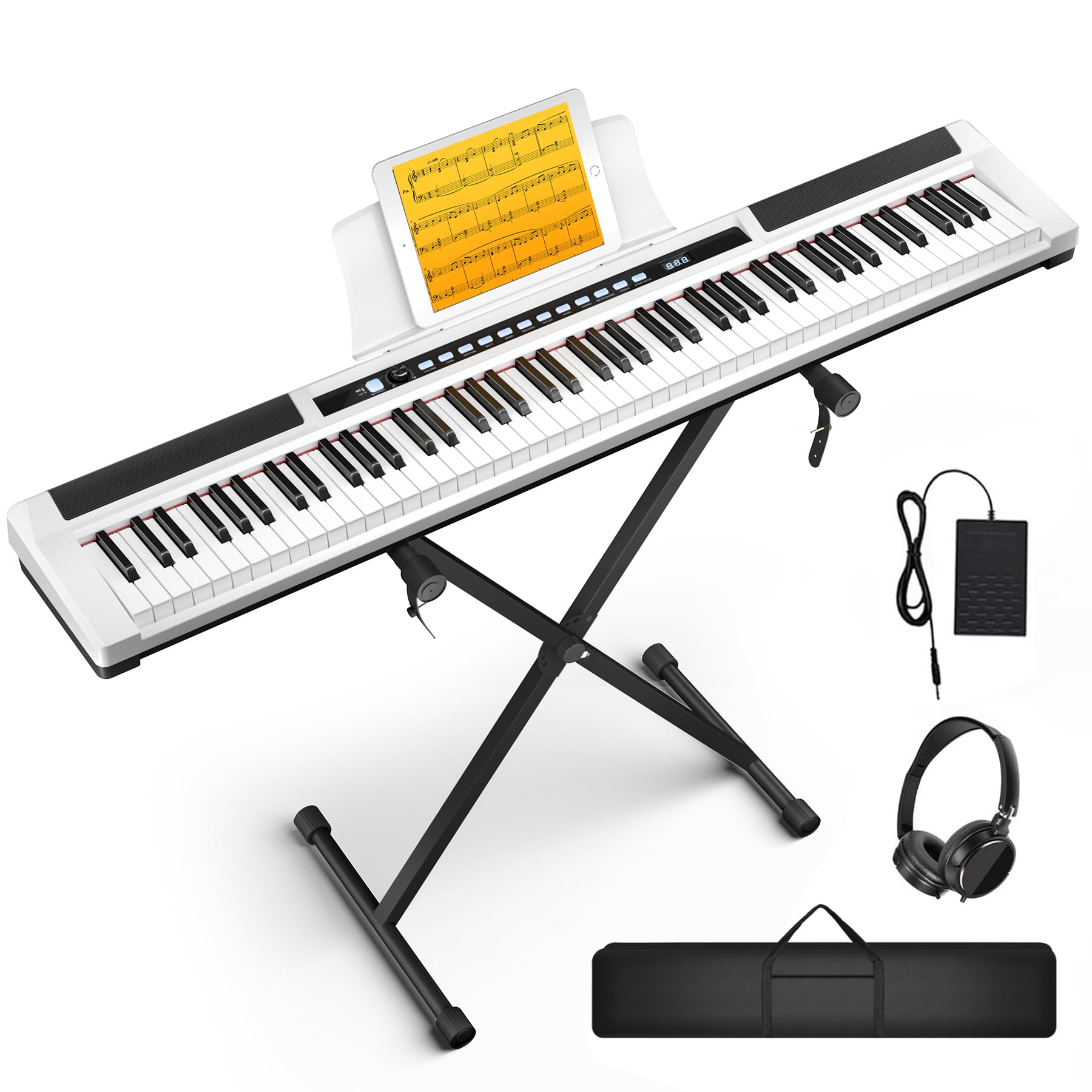 88-Key Semi-Weighted Portable Digital Piano Keyboard Set for Beginners - Compact Electric Piano with Stand, Carrying Case, Sustain Pedal & Headphones (White) - Perfect for Home Practice, Music Lessons & Live Performances