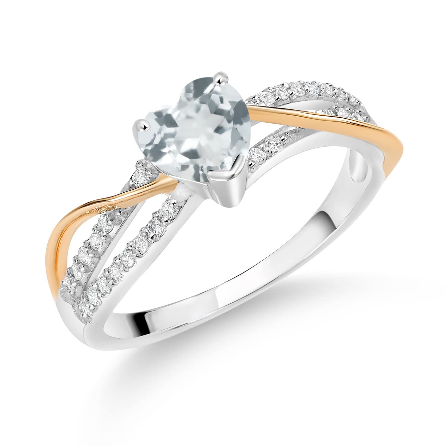 0.88 Ct Heart-Shaped Sky Blue Aquamarine Lab-Grown Diamond Ring in 925 Sterling Silver & 10K Yellow Gold | Gem Stone King | Perfect for Engagement, Anniversary & Valentine's Day Gifts