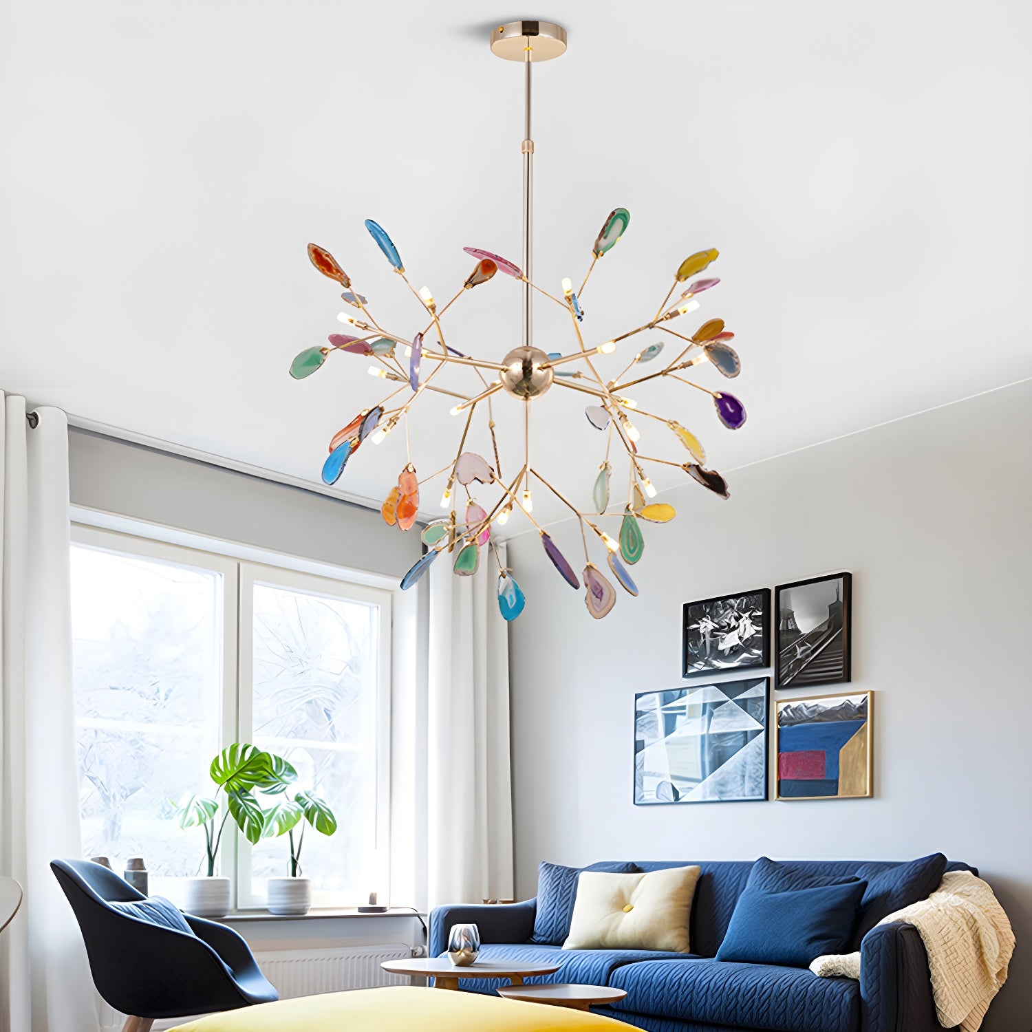 Elegant Agate Flake Crystal Chandelier - Handcrafted Natural Stone Pendant Light Fixture for Dining Room, Living Room & Bedroom Decor