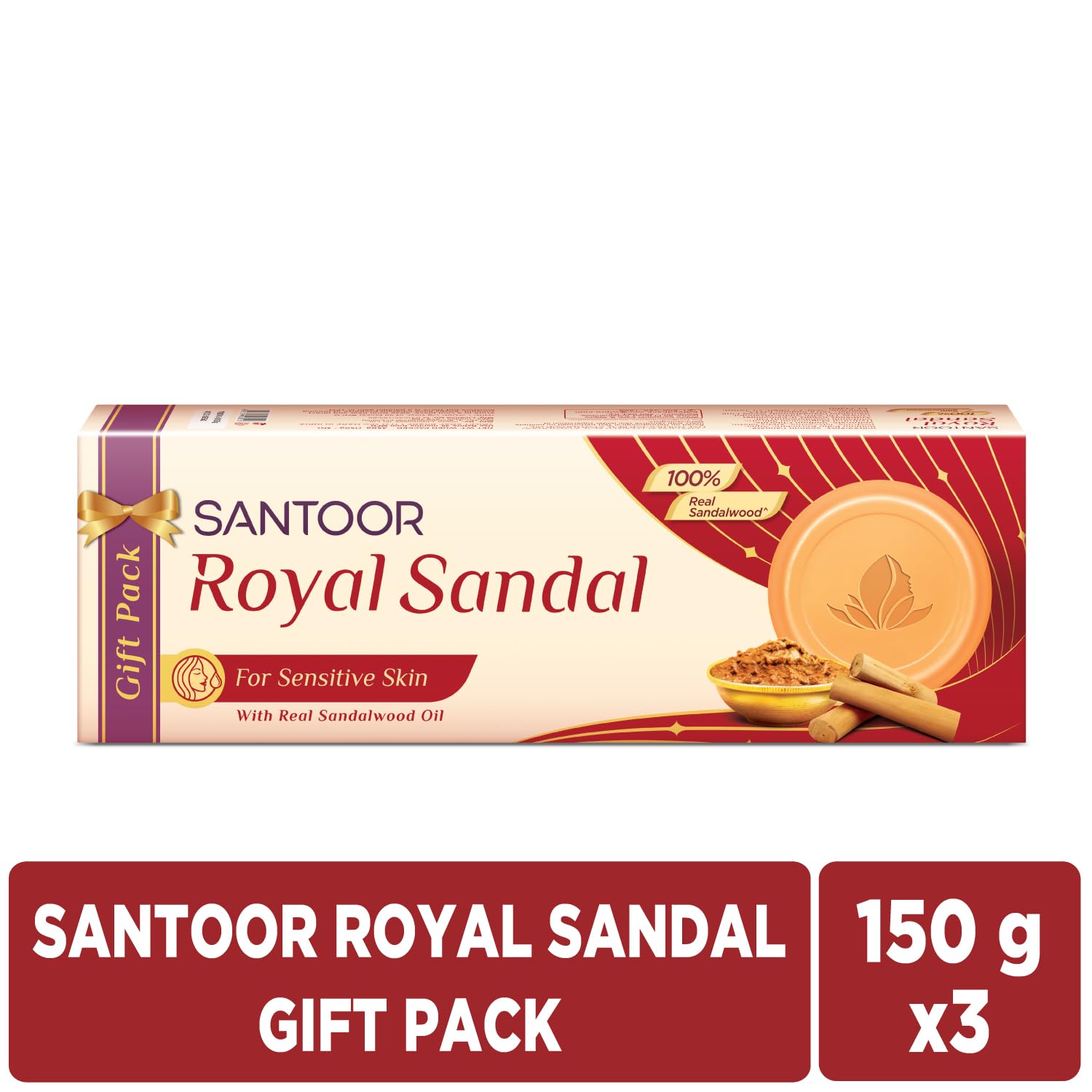 Santoor Royal Sandal Bathing Soap for Sensitive Skin - 100% Natural Sandalwood Oil & Powder with Chamomile Oil & Creamy Moisturizers - Soothes Irritation, Promotes Healthy Glow & Long-Lasting Fragrance - 150g (Pack of 3) - Perfect for Daily Skincare & Aromatherapy Baths