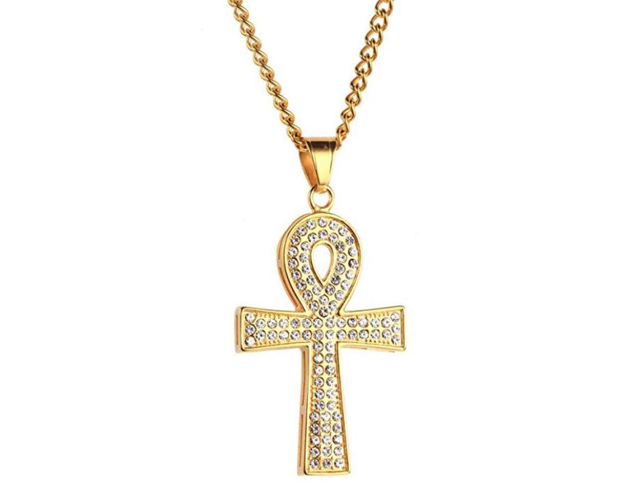 PAURO Men's Stainless Steel Cubic Zirconia Hip Hop Gold Egyptian Ankh Cross Pendant Necklace - Iced Out Hip Hop Jewelry for Men - Perfect for Parties, Gifts & Streetwear Fashion