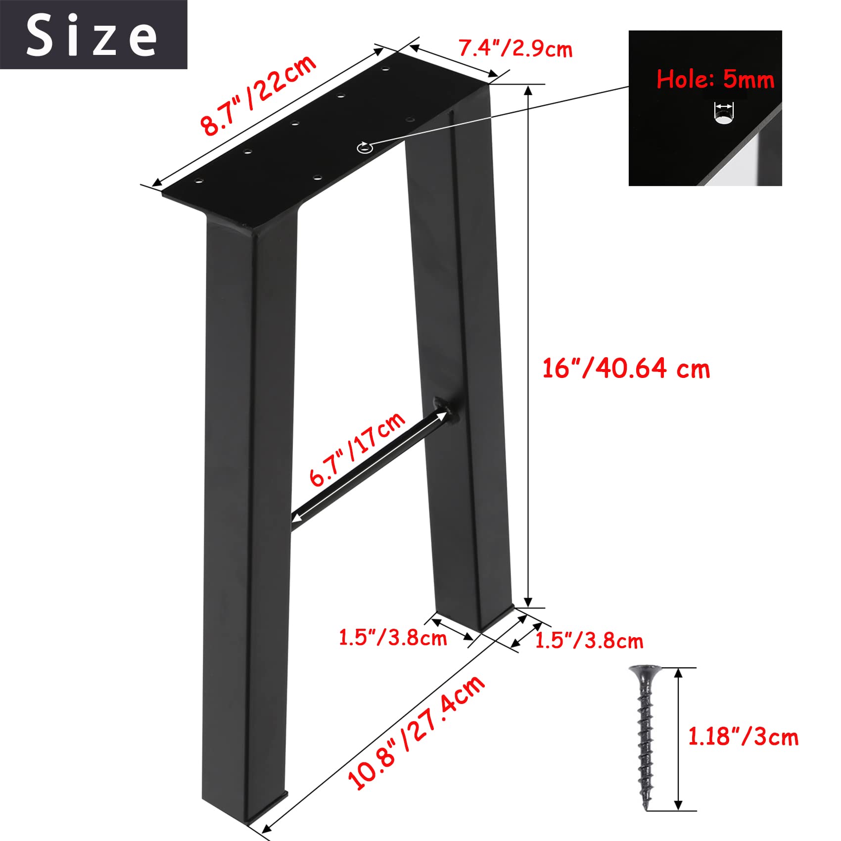TENGCHANG 16 Inch Heavy Duty Metal Bench Legs - Black Coffee Table Legs for Furniture, Desk & Chair (Set of 2) - Perfect for DIY Home Office, Living Room & Outdoor Projects