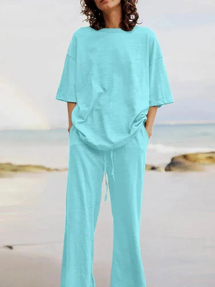 Light Blue Linen Women's Pants Set - Summer Casual Outfit for Beach, Travel & Everyday Wear