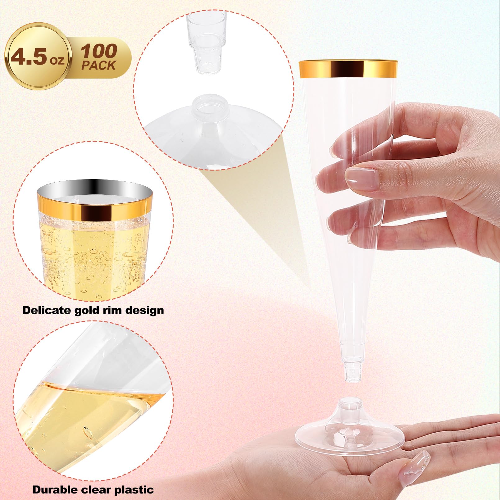 50 Pack Gold Rim Disposable Plastic Champagne Flutes - 4.5 Oz Clear Mimosa Glasses for Wedding, Party & Special Events - Elegant Toasting Cups for Celebrations, Bridal Showers & New Year's Eve