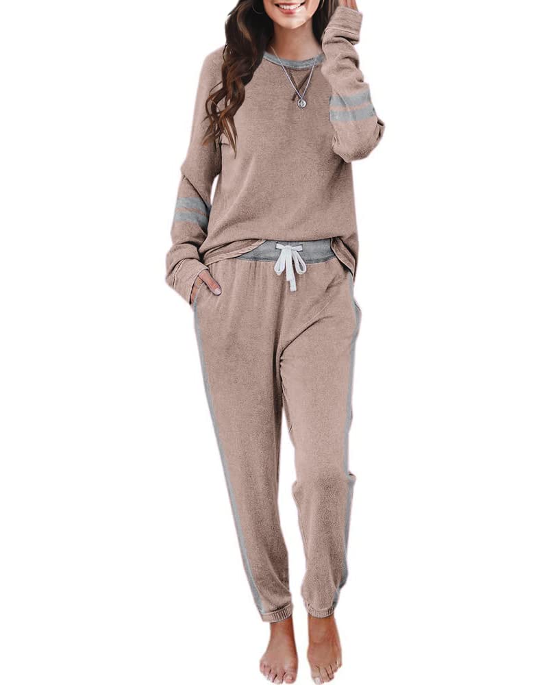 Imesrun Women's Two Piece Lounge Set - Striped Long Sleeve Oversized Sweatshirt & Drawstring Sweatpants Comfy Outfit | Perfect for Home Relaxation, Yoga, and Casual Wear