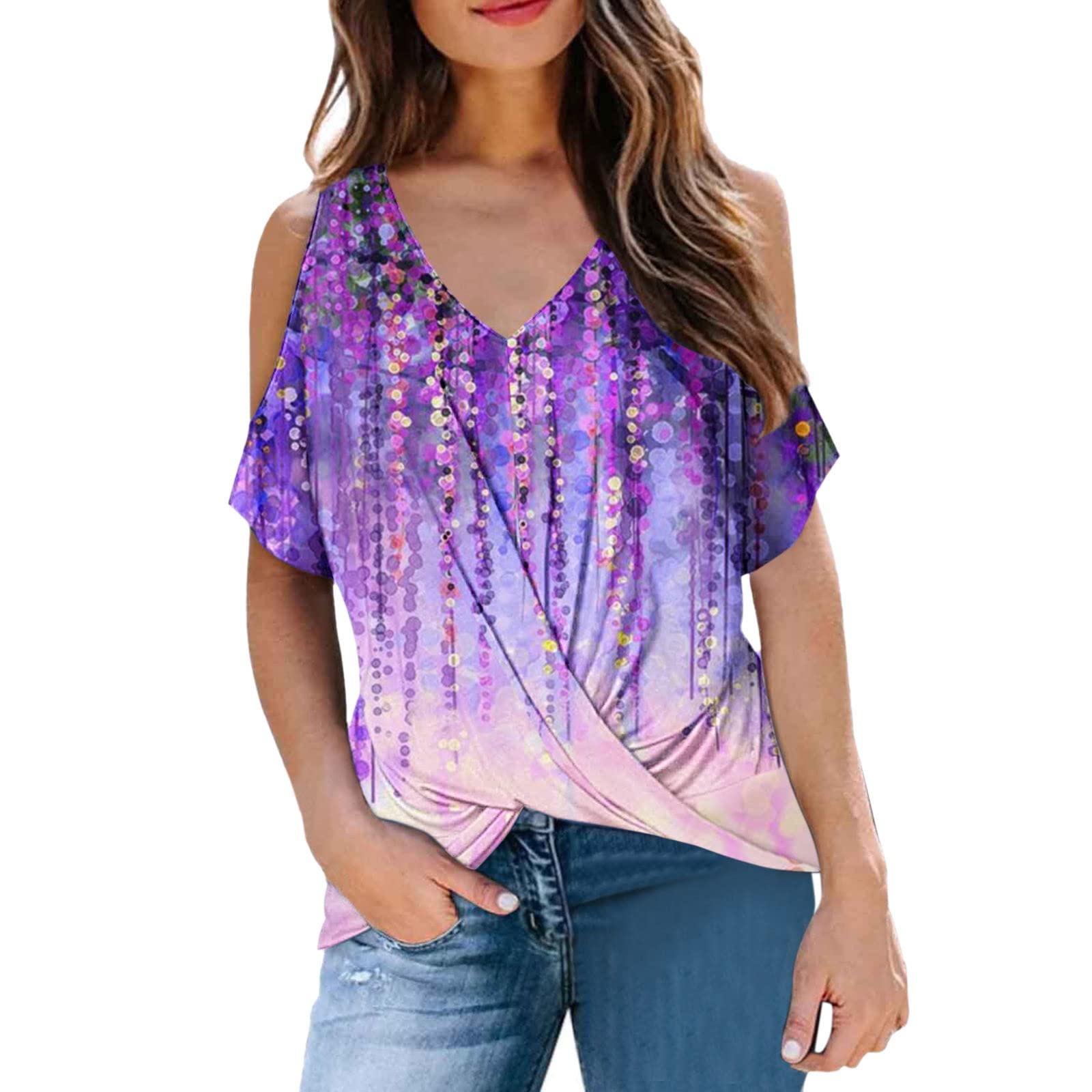 Women's Spring & Summer Casual Tops - Cold Shoulder Short Sleeve V-Neck Blouse with Front Twist Knot | Perfect for Office Wear, Date Night & Summer Outings