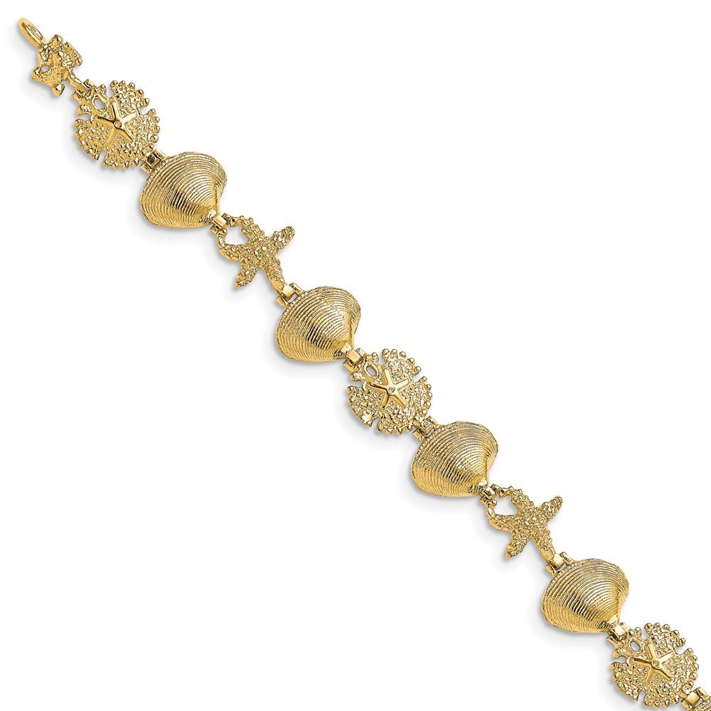 14k Yellow Gold Sand Dollar, Clam and Starfish Charm Bracelet - 7.25