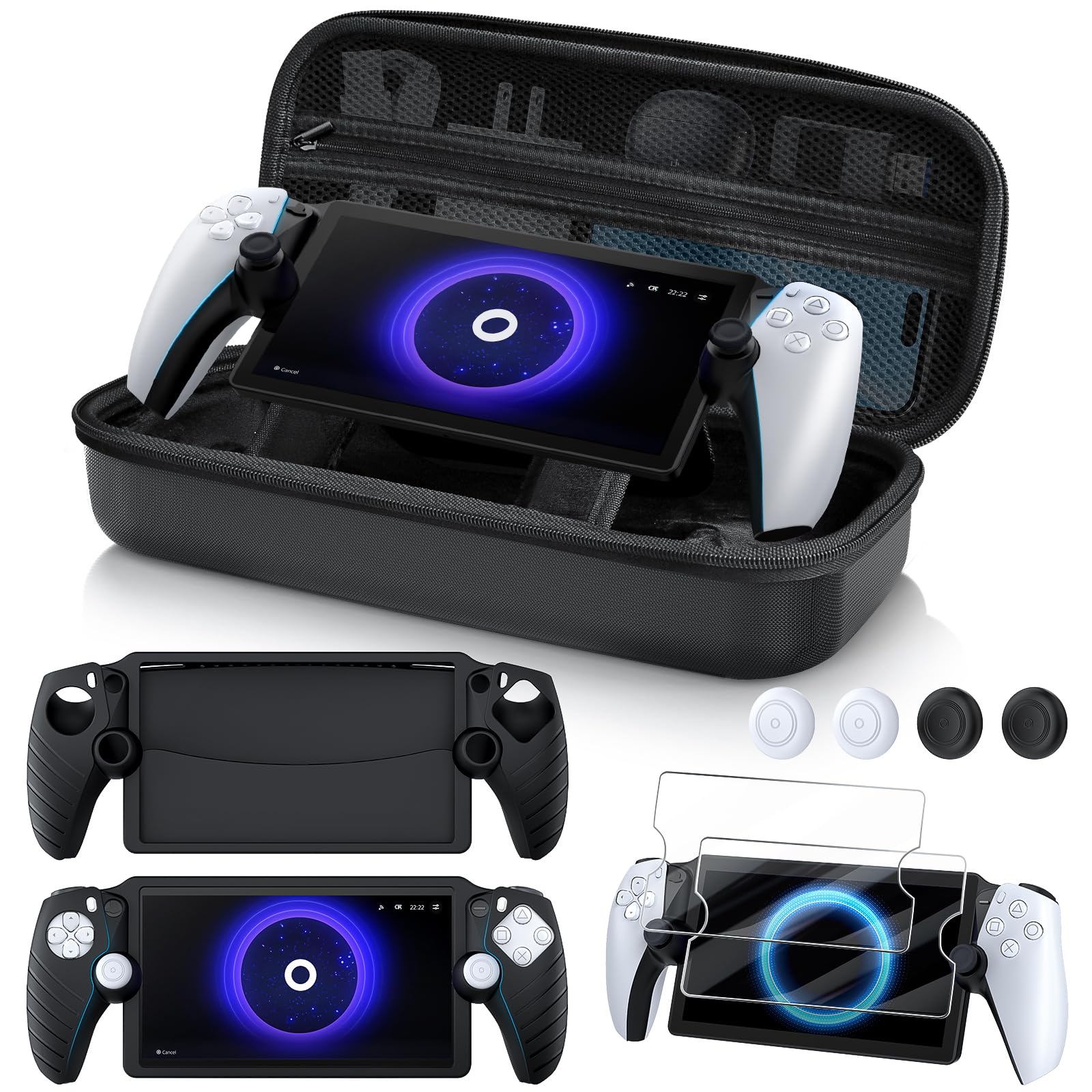 KINWIN 8-in-1 Accessories Bundle for PS5 Portal - EVA Carrying Case, Silicone Cover, 2 Screen Protectors & 4 Thumb Grips | Perfect for Travel Protection & Enhanced Gaming Experience on PlayStation Portal