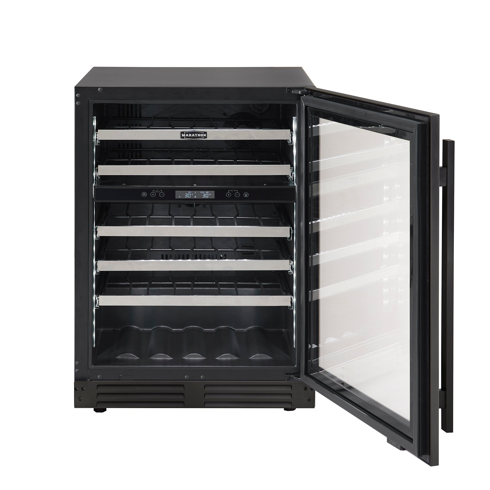 Marathon 24 Inch Black Steel Dual Zone Wine Cooler - MWC56 DBLS - Freestanding Wine Refrigerator for Red & White Wines - Perfect for Home Bars, Restaurants, and Wine Cellars