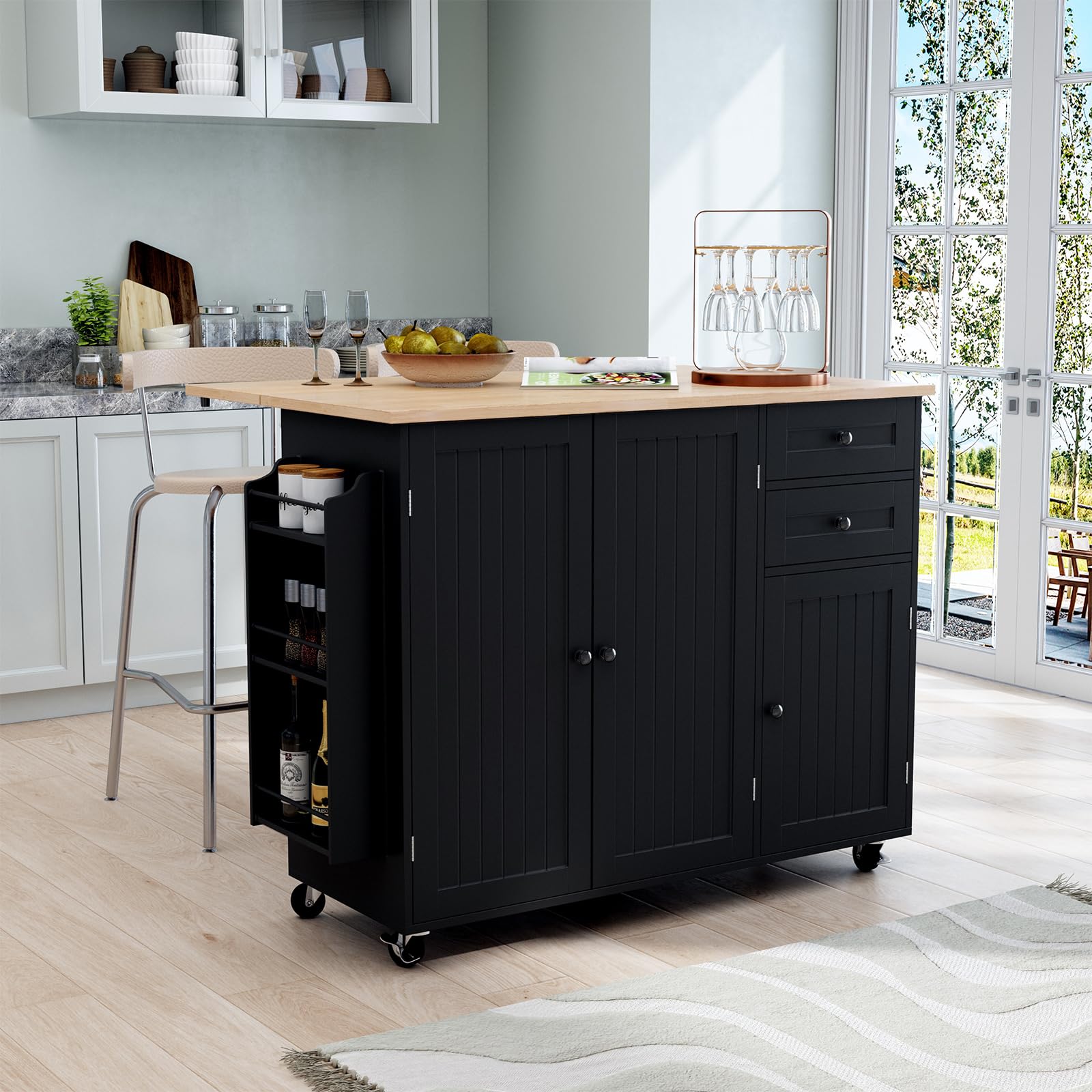 HLR Kitchen Island with Storage - Rolling Mobile Kitchen Cart with Drop-Leaf Bar Countertop, Spice Rack & Tower Shelves - Extra Storage Solution for Small Kitchens, Apartments & Dining Areas - Perfect for Meal Prep, Entertaining & Space Organization