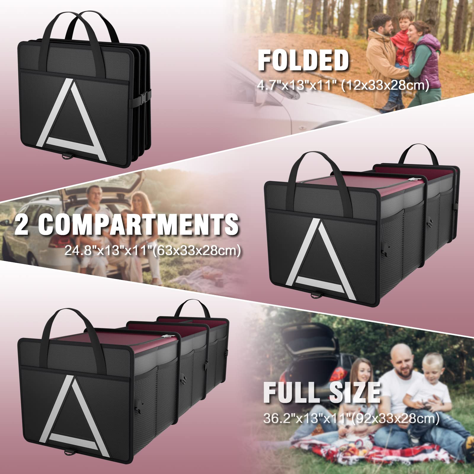 Premium Insulated Car Trunk Organizer with Cooler Bag - Heavy Duty Collapsible Storage for SUV, Truck & Van - 3 Compartment Auto Organizer (Red) - Perfect for Road Trips, Grocery Shopping & Camping Gear Storage