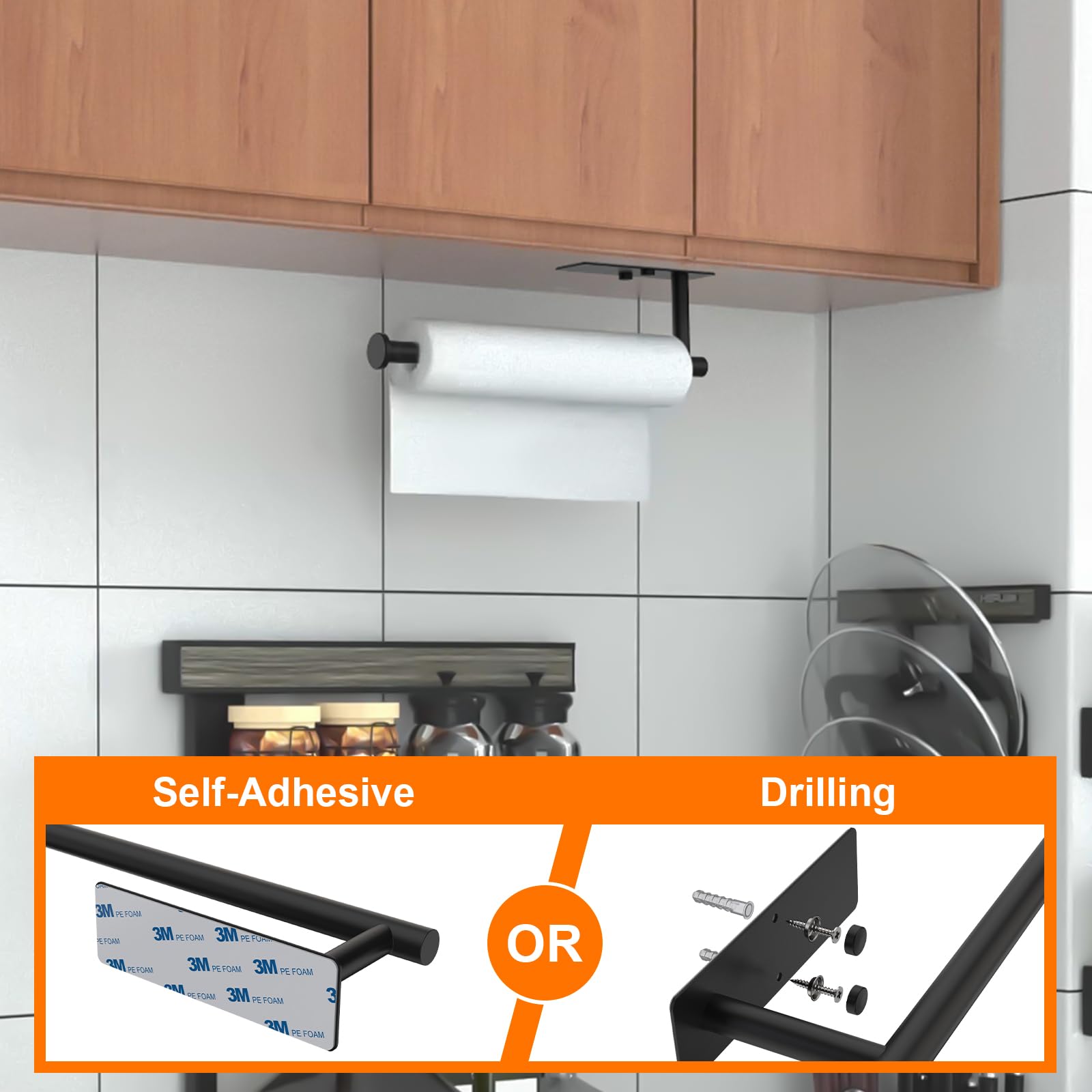 Ibergrif M34055B Black Under Cabinet Paper Towel Holder - Self Adhesive Kitchen Roll Rack for Wall Mounting - Perfect for Kitchen, Bathroom & Office Organization
