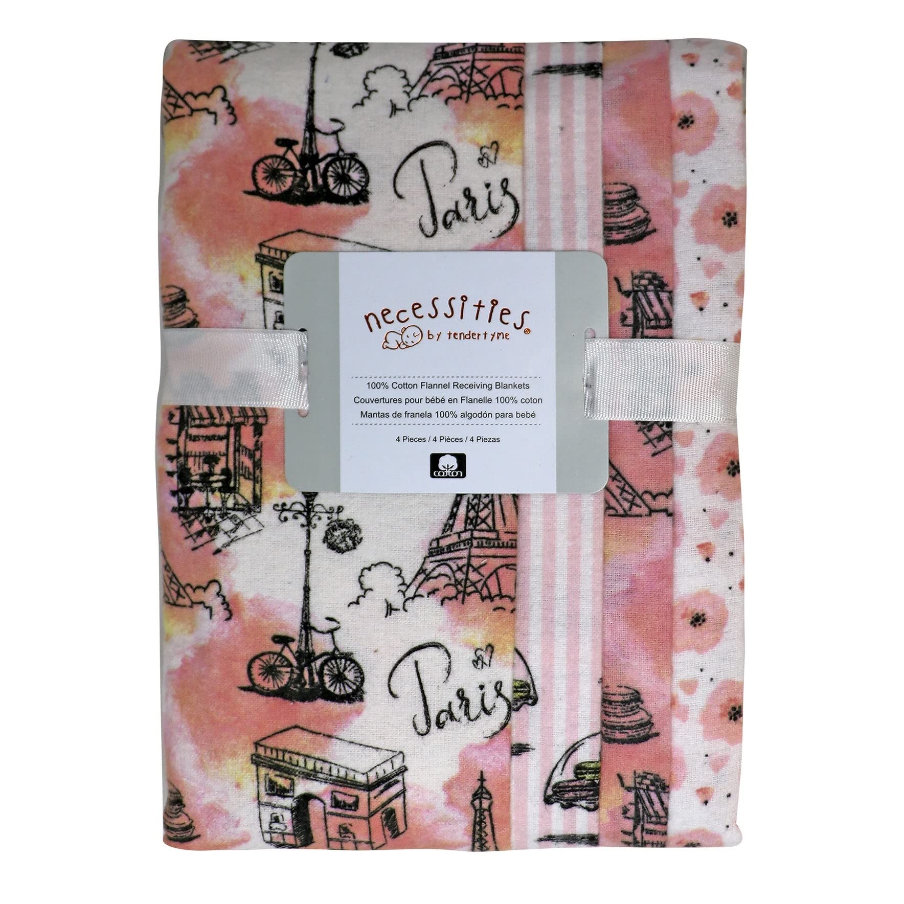 4 Pack Baby Girls Receiving Blankets - Soft Cotton Reversible Swaddle Blankets with Eiffel Tower Pink Design for Newborns & Infants | Perfect for Swaddling, Nursing, Stroller & Nursery Decor