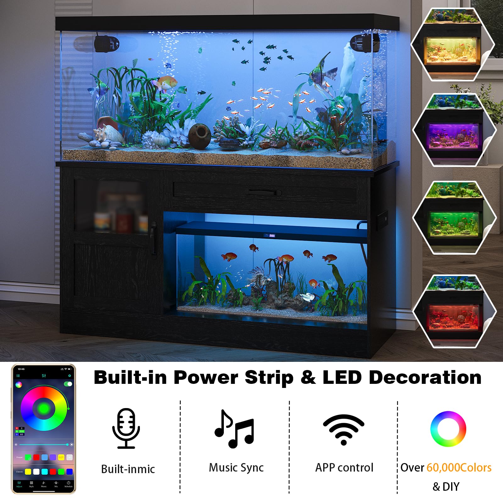 55 Gallon Fish Tank Stand with Drawer, Power Strip & LED Light - Heavy Duty 1300Lbs Capacity Aquarium Stand for 55-75 Gallon Tanks - Perfect for Reptile Terrariums & Home Aquarium Setups