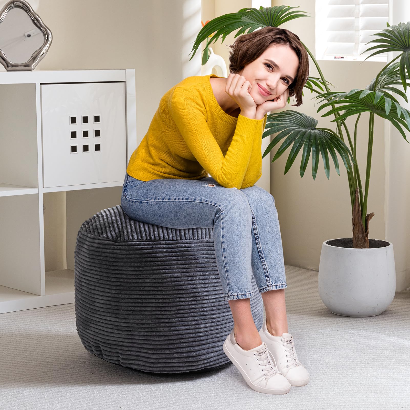 MAXYOYO Round Stuffed Pouf Ottoman - Corduroy Foam Filled Footrest, 20 x 15 Inch Dark Grey - Perfect for Living Room, Bedroom & Nursery Decor