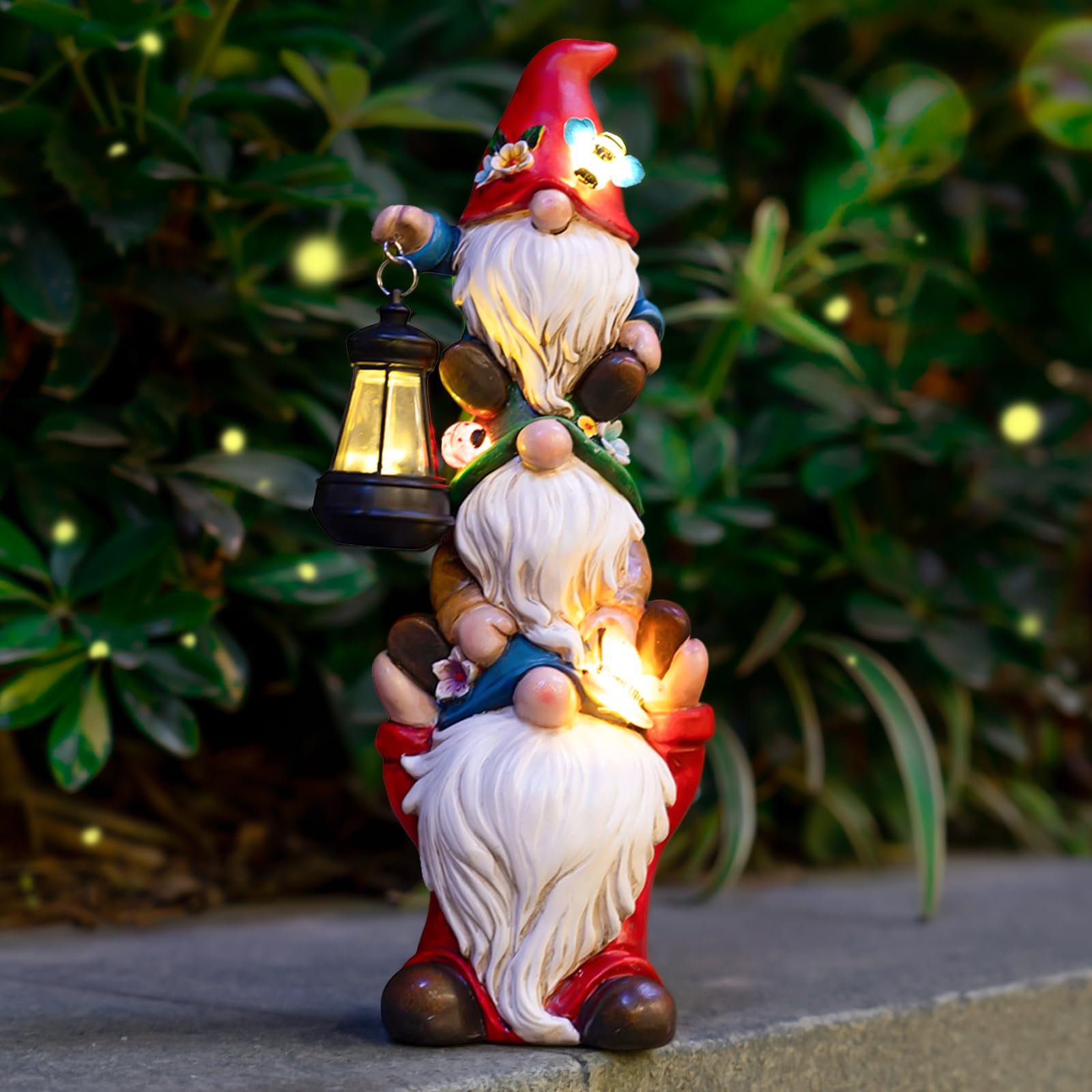 Solar-Powered Large Garden Gnome Statue - Funny Triple Gnome Outdoor Decor for Patio, Lawn, Yard & Balcony - 12 Inch Spring Gnomes Home Gift for Women & Mom - Perfect for Garden Parties & Outdoor Lighting