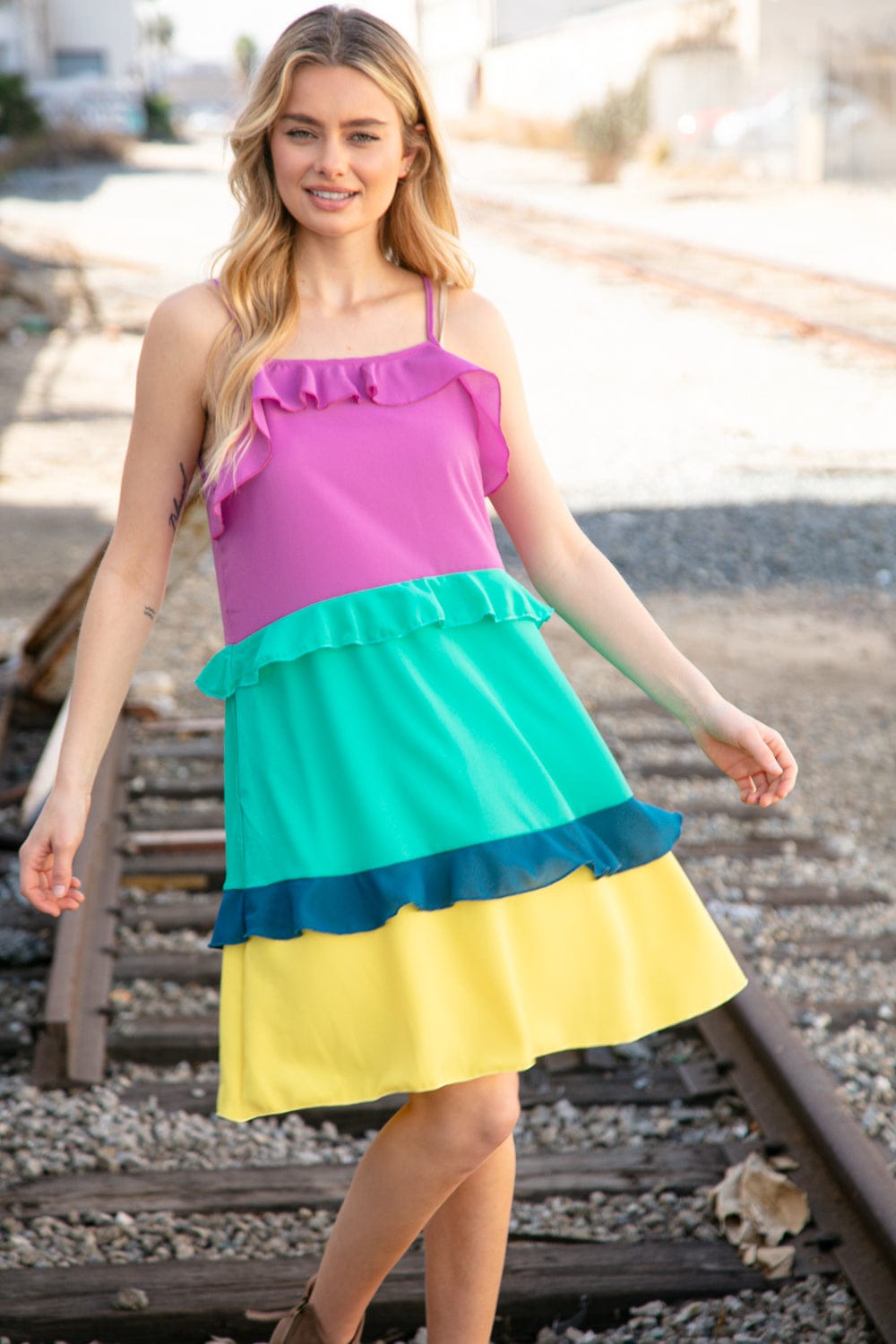 Fuchsia Shoulder Strap Color Block Tiered Ruffle Dress for Women - Elegant Summer Party Cocktail Dress for Weddings, Date Nights & Special Occasions