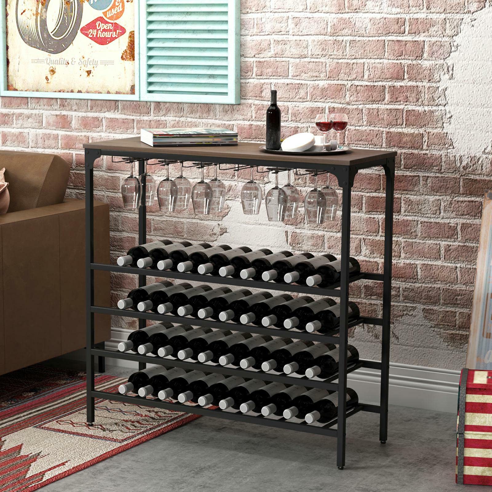 Rustic 5-Tier Metal Wine Rack Table with Glass Holders - 40 Bottle Capacity Free Standing Wine Storage Organizer for Kitchen, Dining Room & Small Spaces - Perfect for Home Bar, Restaurant & Wine Cellar Display