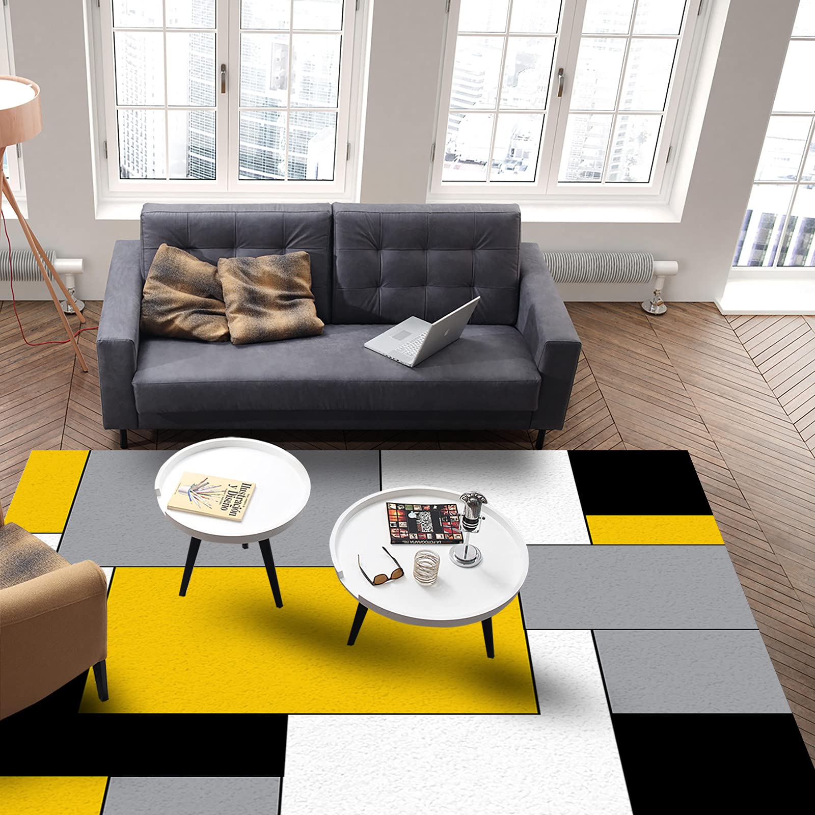 3x5ft Yellow Modern Geometric Area Rug - Machine Made Low Pile Stain-Resistant Washable Indoor Boho Rug for Living Room, Bedroom & Kitchen Decor
