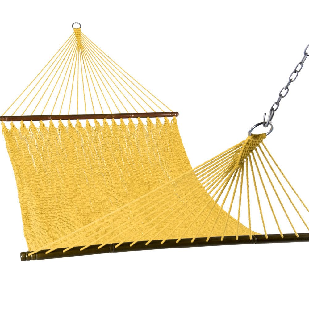 10.5 FT Double 2 Person Caribbean Rope Hammock - Hand Woven Polyester Outdoor Hammock with Spreader Bars - Extra Large Backyard, Poolside & Patio Hammock - 450 LBS Capacity - Yellow - Perfect for Relaxing in Garden, Beach or Camping