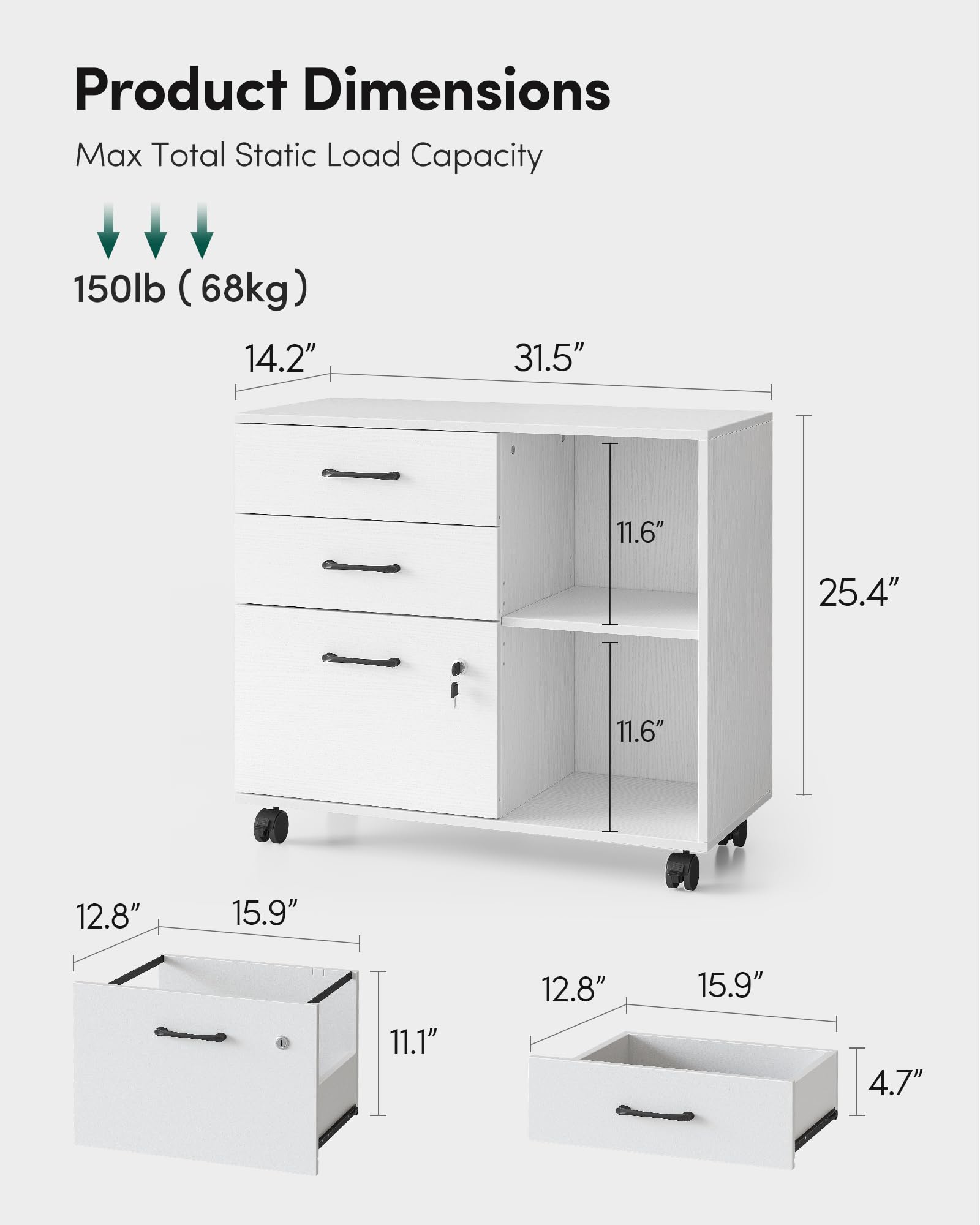 FEZIBO Home Office File Cabinet with Locking Drawers & Open Storage Shelves - Mobile Lateral Filing Cabinet & Printer Stand - White - Perfect for Organizing Documents & Office Supplies in Small Spaces