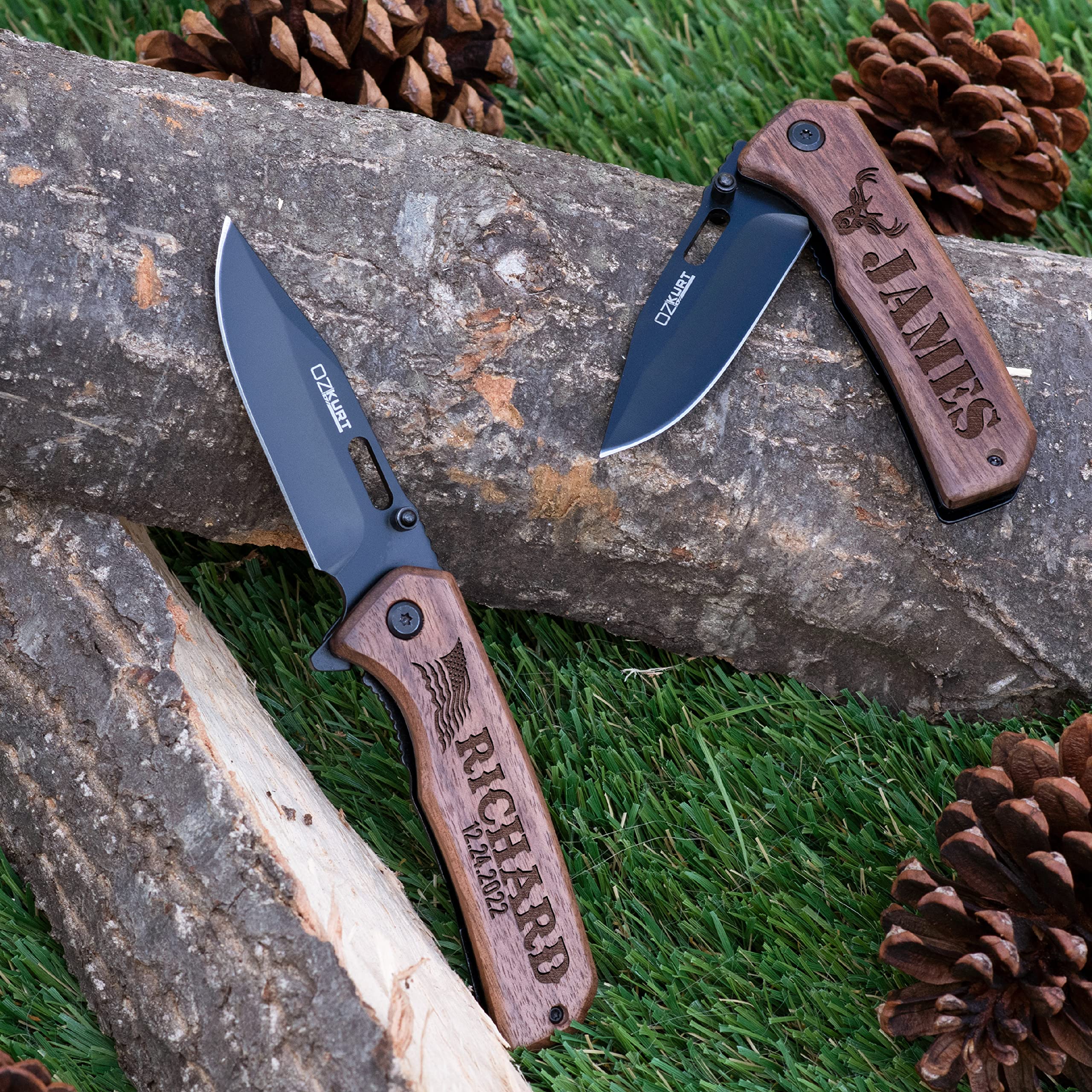Custom Engraved Pocket Knife with Walnut Wood Handle - 36 Icon Designs & 13 Font Styles - Personalized Gift for Men, Dad, Husband - Perfect for Camping, Hiking, Outdoor Adventures & Everyday Carry (EDC)
