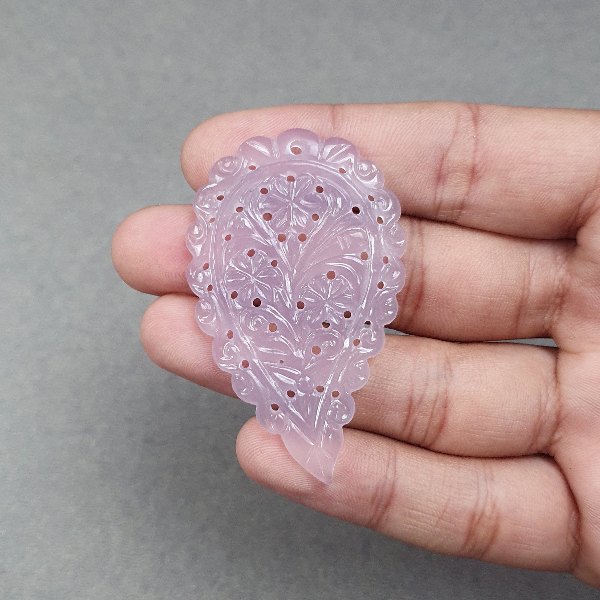 Natural Purple Chalcedony Gemstone Carving - 56.10cts Untreated Hand-Carved Indian Leaf (57.5x35.5mm) | Perfect for Jewelry Making, Meditation & Spiritual Healing | See Video for Details