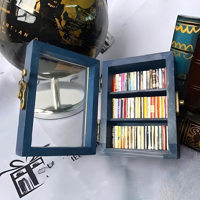4 Inch Mini Pocket Anxiety Bookshelf - Stress Reliever with 60 Miniature Book Matchboxes - Display Case Cabinet Decor for Book Lovers - Small Blue Shelf - Perfect for Office Desk, Bookshelf Decoration & Unique Gift Idea