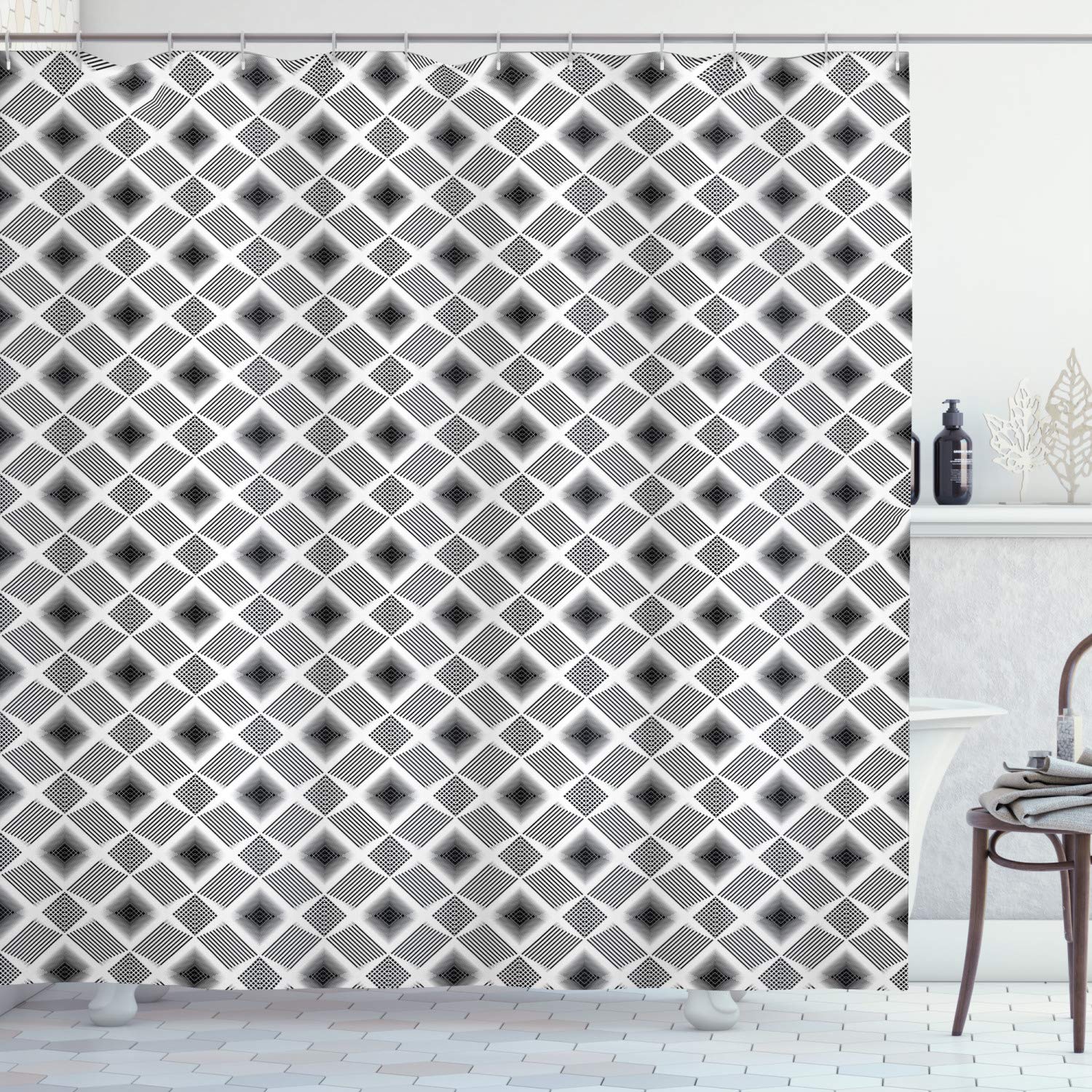 Ambesonne Geometric Shower Curtain - Abstract Diagonal Lines & Squares Bathroom Decor Set with Hooks, 69