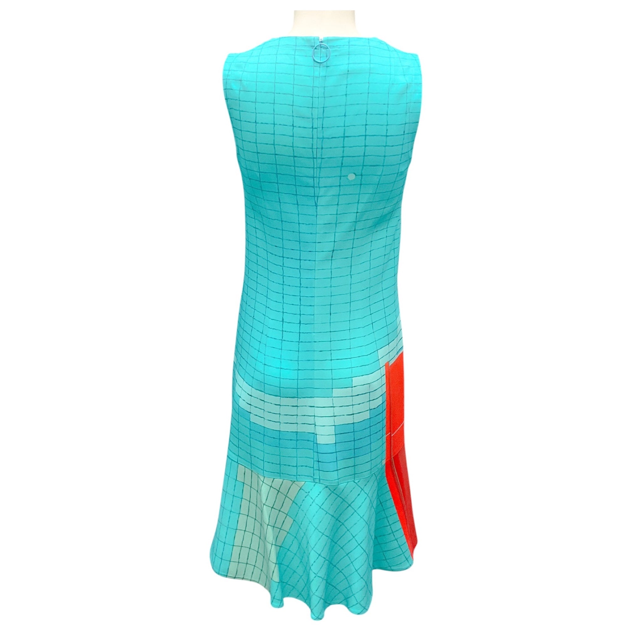 Akris Punto Turquoise & Red Grid Print Sleeveless Crepe Dress - Elegant Summer Cocktail Party & Wedding Guest Outfit