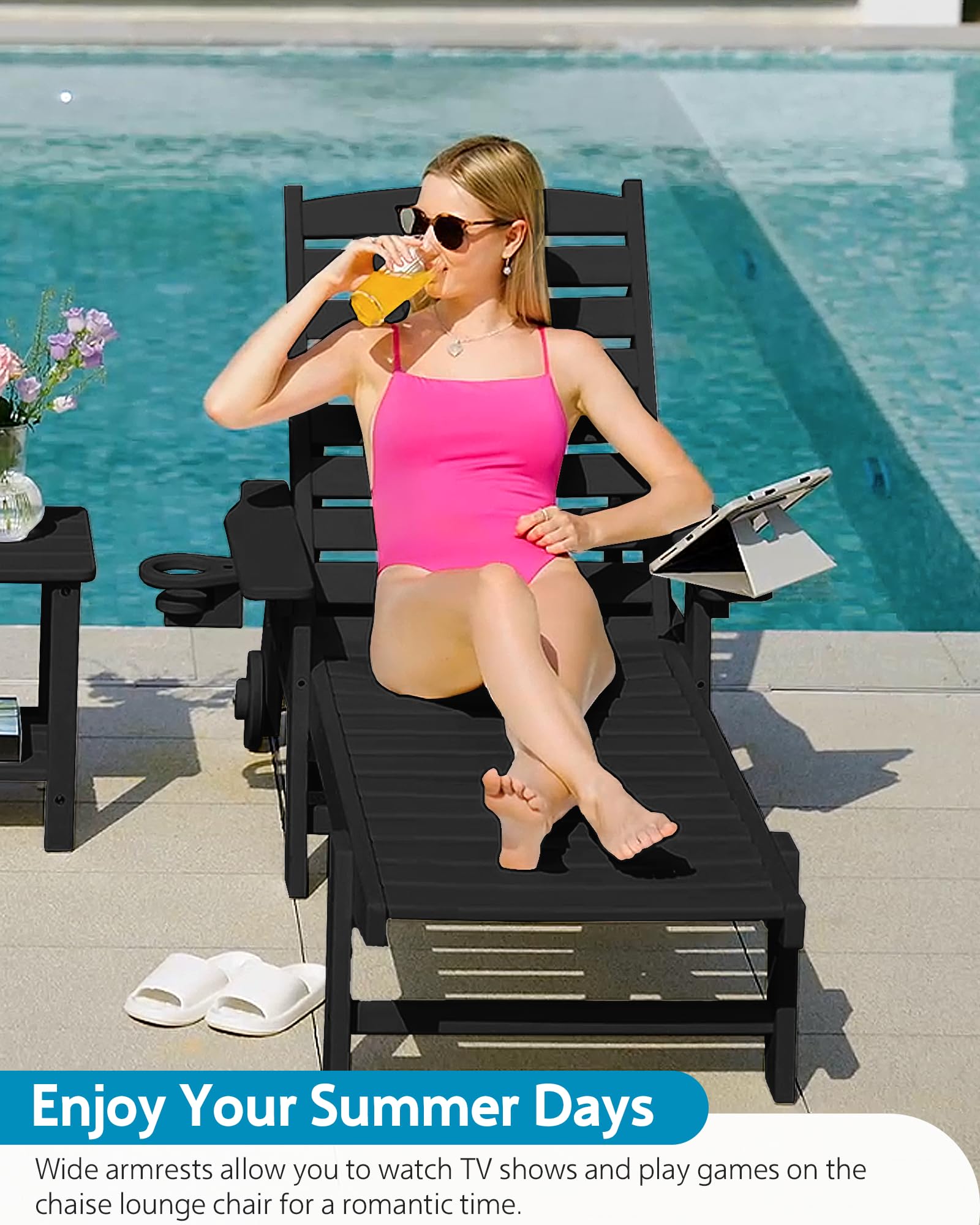Outdoor Chaise Lounge Chair with Wheels - Oversized Patio Chair with Wood Texture - 5-Position Adjustable Plastic Sun Lounger for Pool, Beach, Deck & Backyard Relaxation | Perfect for Sunbathing, Reading & Outdoor Lounging