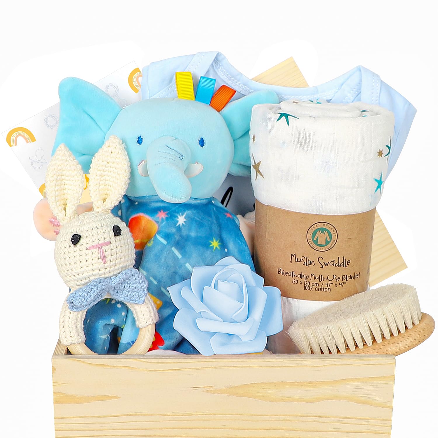Baby Boy Gift Set - Wooden Baby Shower Gift Basket with Swaddle Blanket, Rattle Toy, Onesie, Headband Bow & Hair Brush | Newborn Essentials for Baby Showers, Christenings & First Birthday Gifts