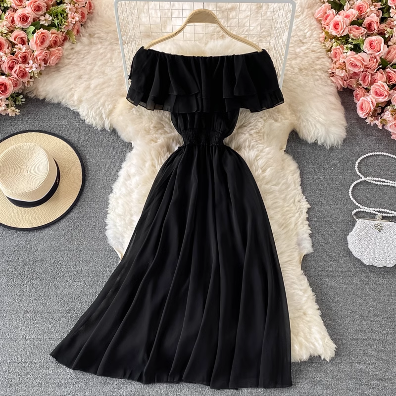 Sexy Off Shoulder Long Skirt with Ruffles - Flowy Chiffon Maxi Dress for Women | Perfect for Beach Vacations, Date Nights & Summer Parties