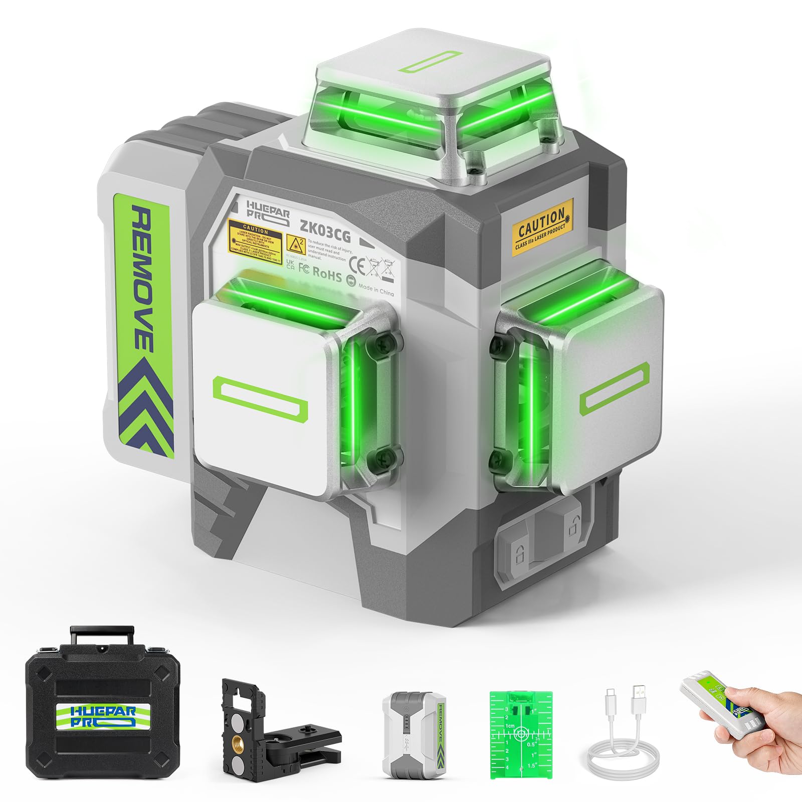 HueparPro 360 Self-Leveling Green Laser Level - 3 x 360° Cross Line Laser with 8000mAh Battery & Hard Case for Construction, Picture Hanging, Tile Installation & DIY Projects